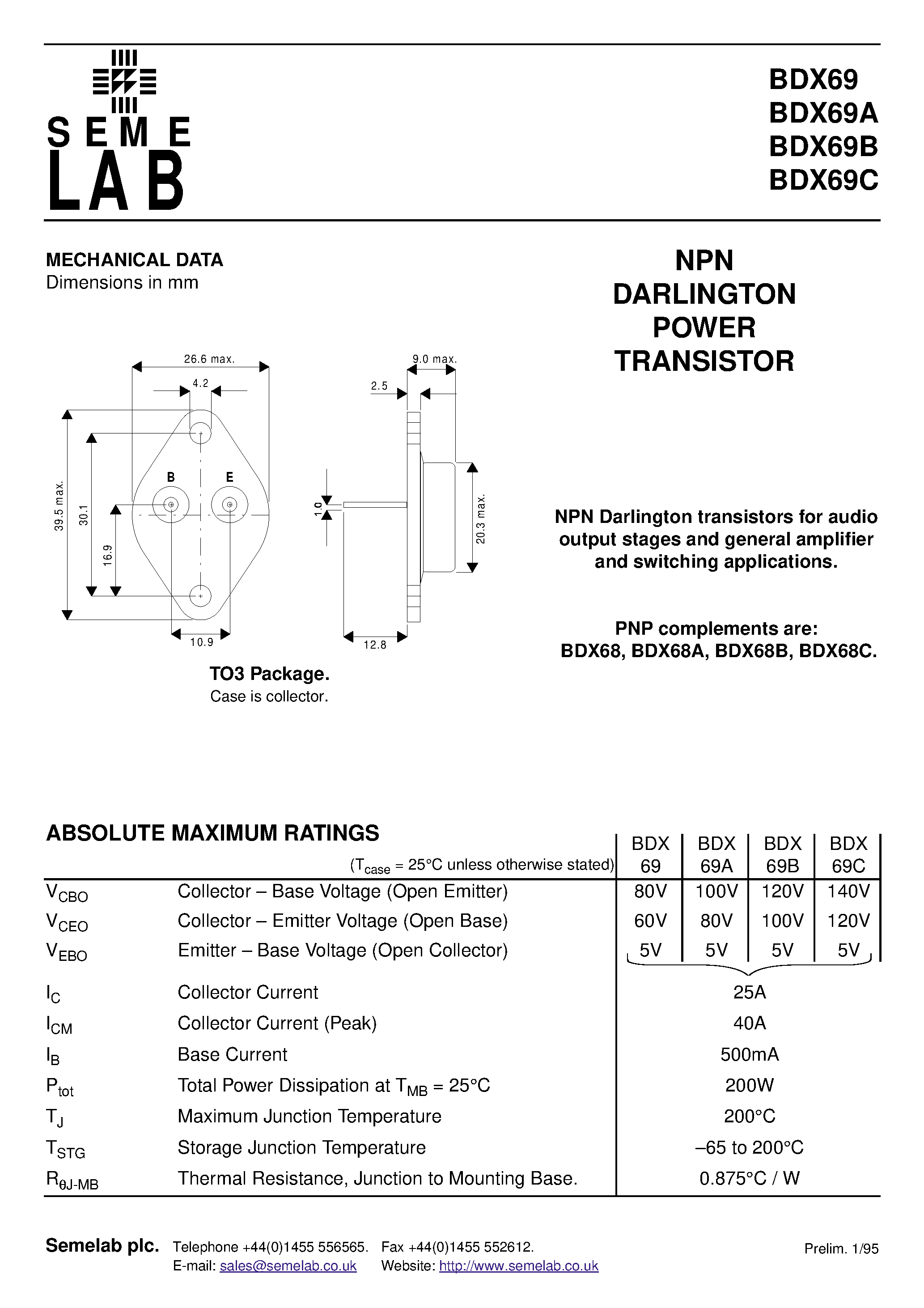 Даташит BDX69A - NPN DARLINGTON POWER TRANSISTOR страница 1