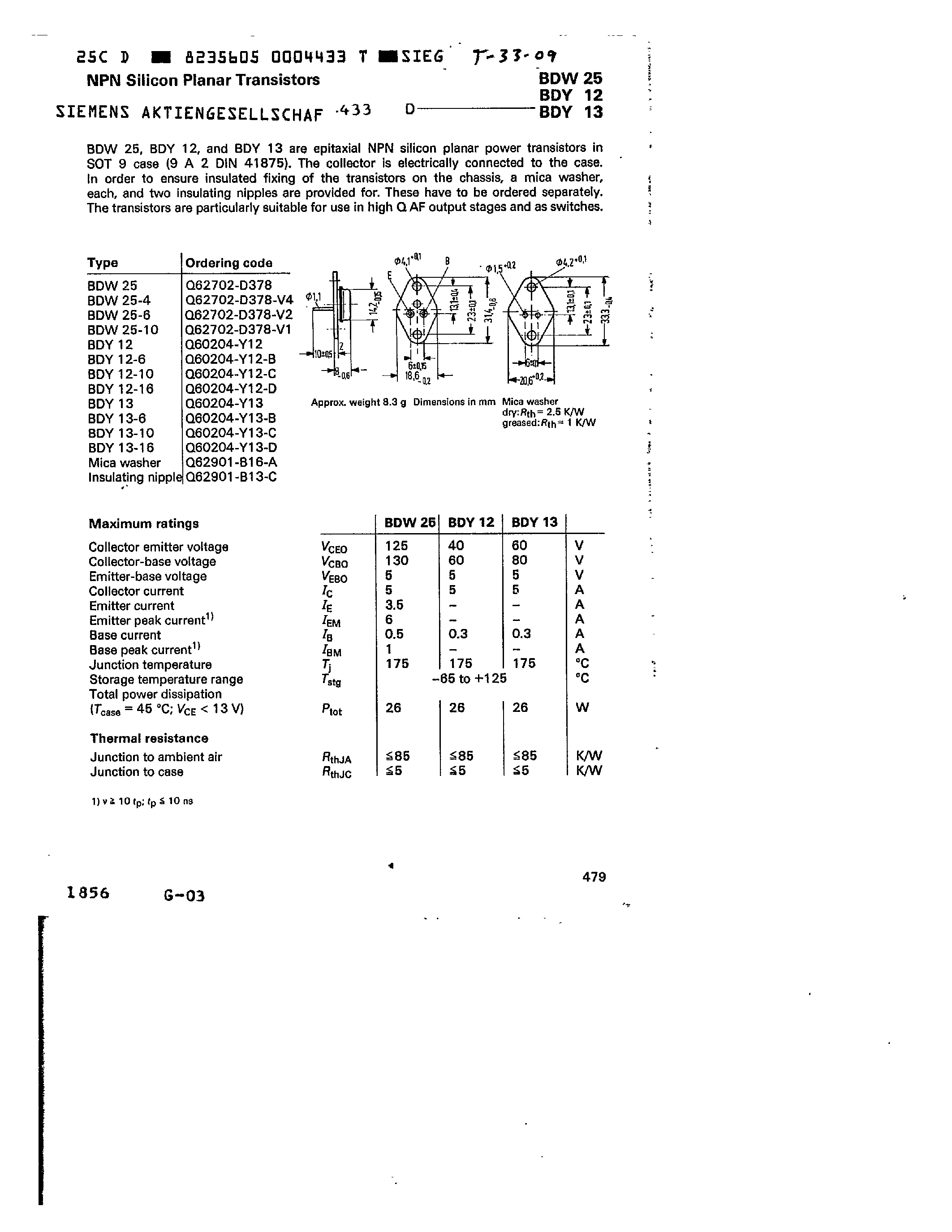 Даташит BDY12-6 - NPN Silicon Planar Trnasistors страница 1