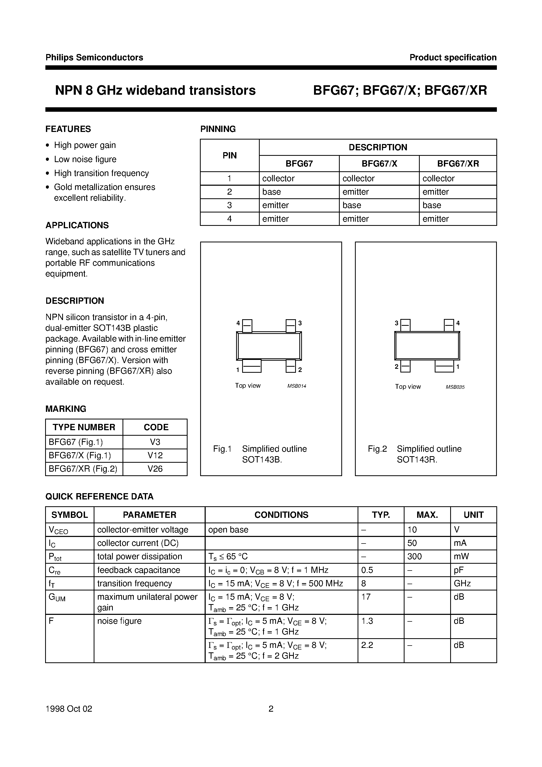 Datasheet BFG67/X - NPN 8 GHz wideband transistors page 2