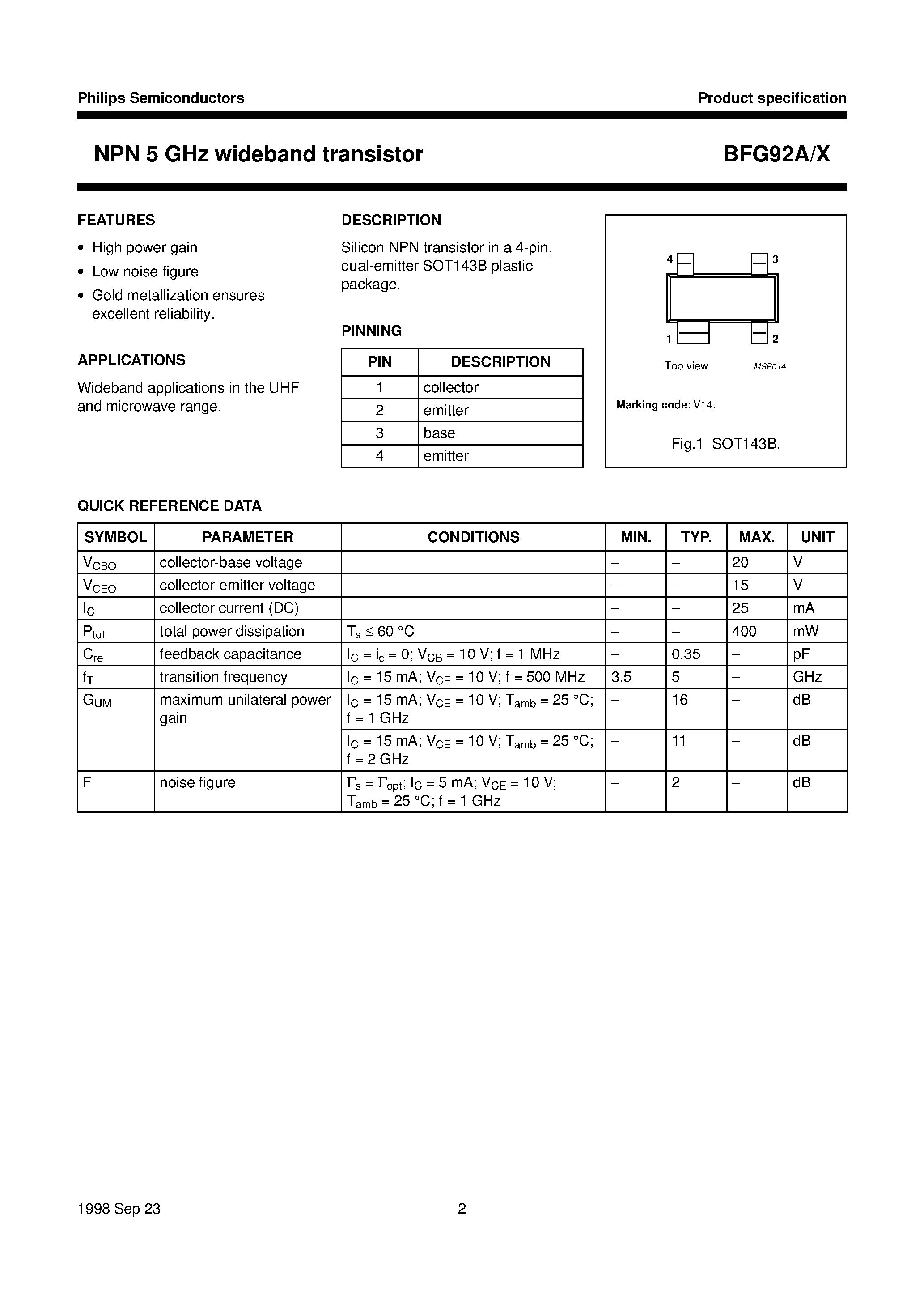 Datasheet BFG92A/X - NPN 5 GHz wideband transistor page 2