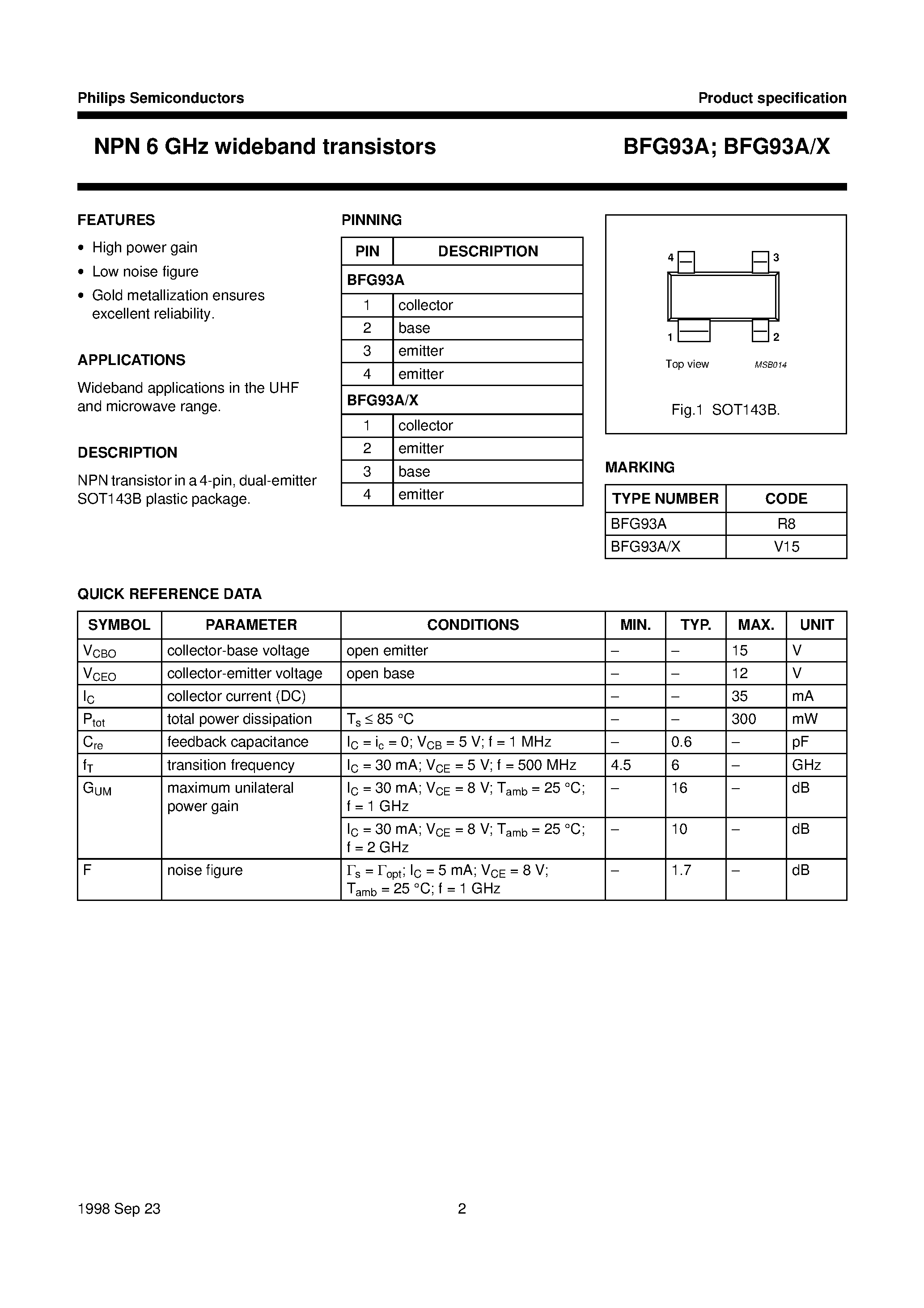 Datasheet BFG93A/X - NPN 6 GHz wideband transistors page 2