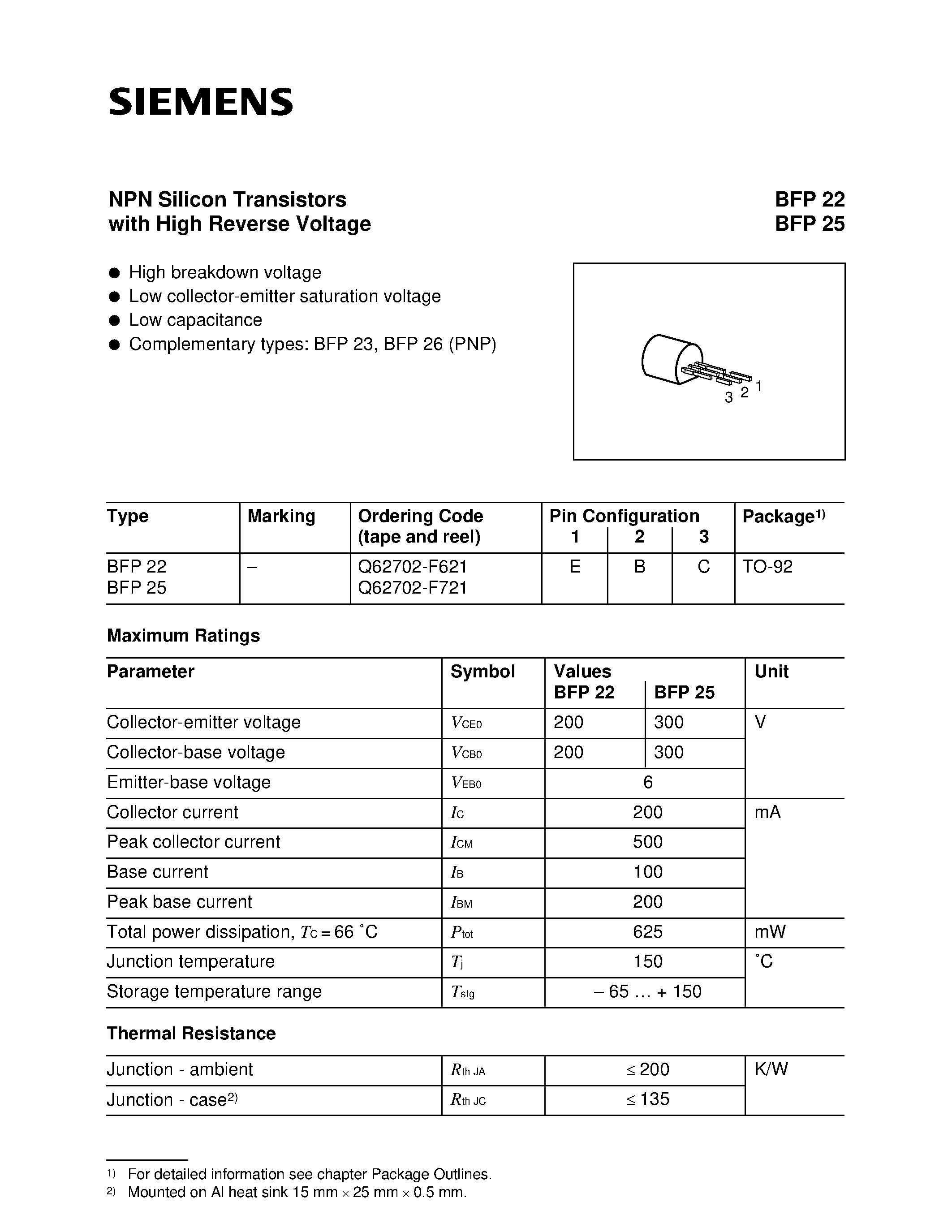 Datasheet BFP22 - NPN Silicon Transistors (High breakdown voltage l Low collector-emitter saturation voltage) page 1