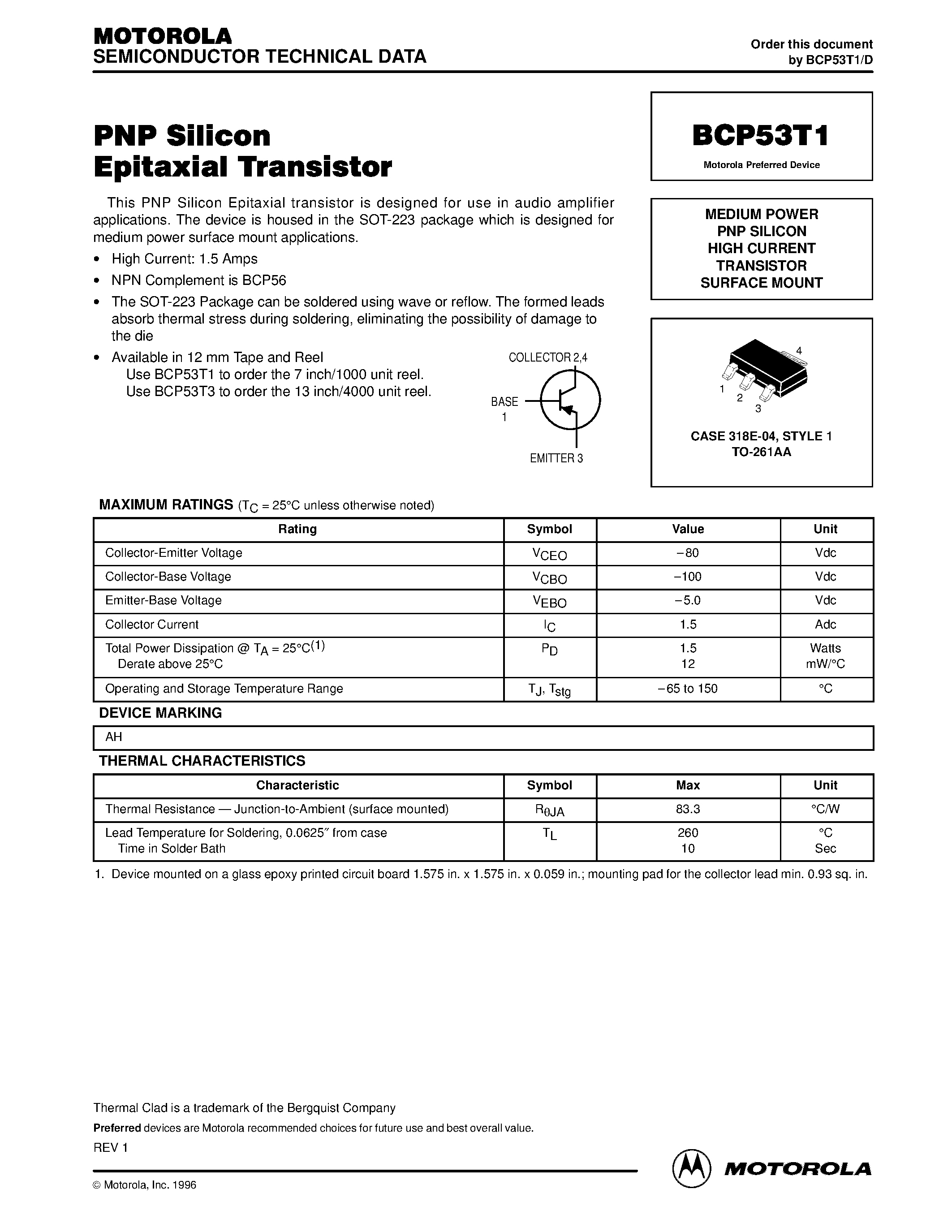 Datasheet BCP53T1 - MEDIUM POWER PNP SILICON HIGH CURRENT TRANSISTOR SURFACE MOUNT page 1