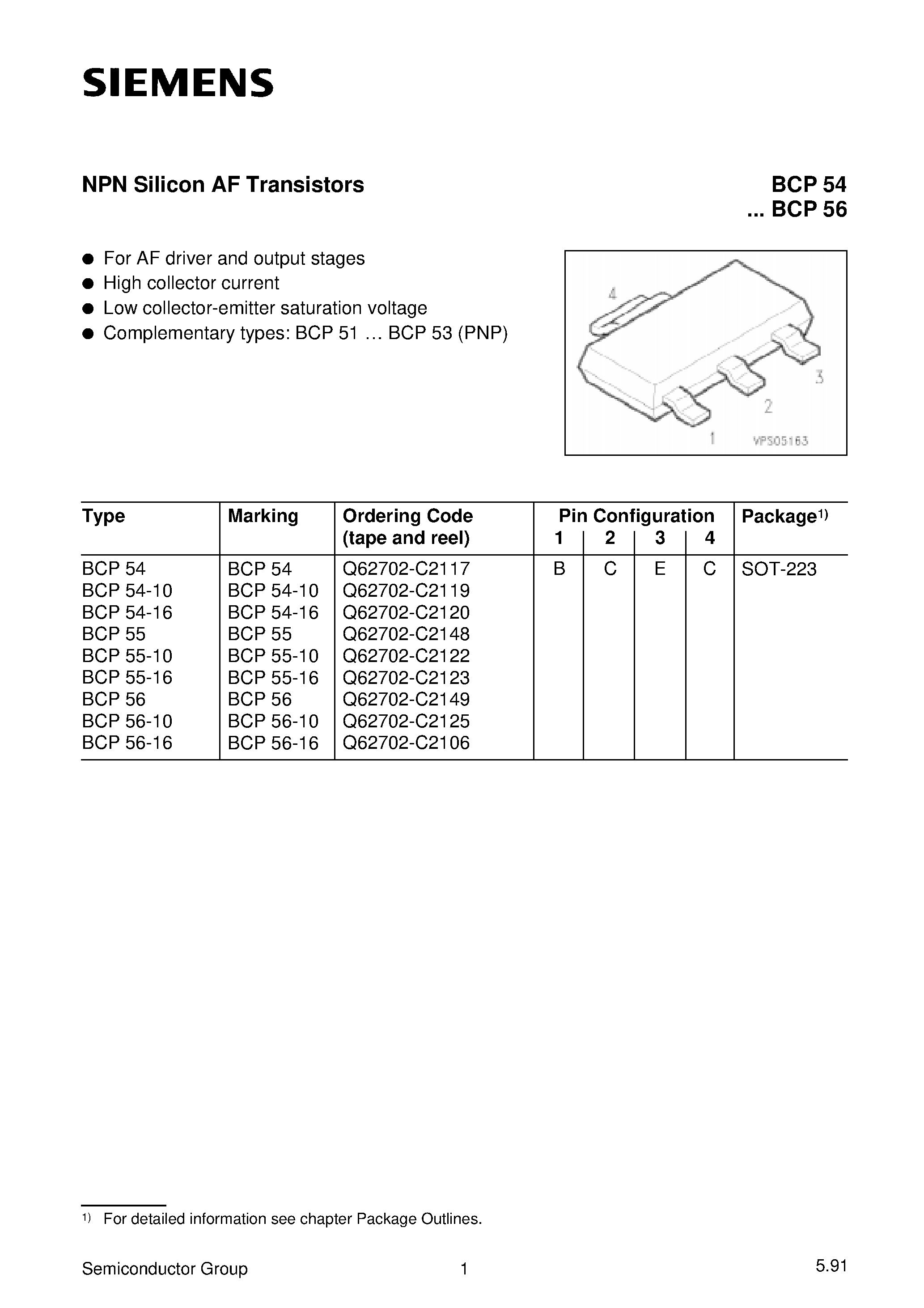 Datasheet BCP54BCP56 - NPN Silicon AF Transistors (For AF driver and output stages High collector current) page 1