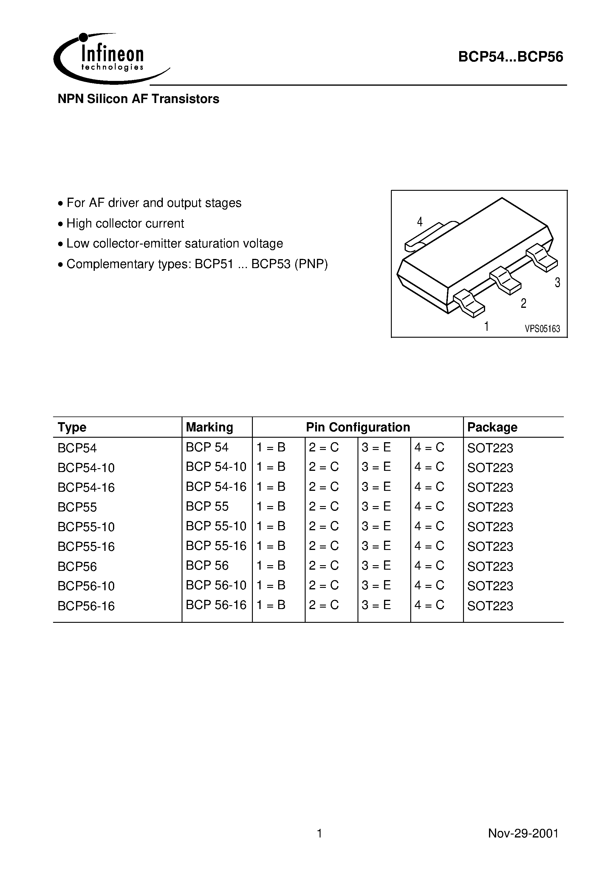 Datasheet BCP55-16 - NPN Silicon AF Transistors page 1