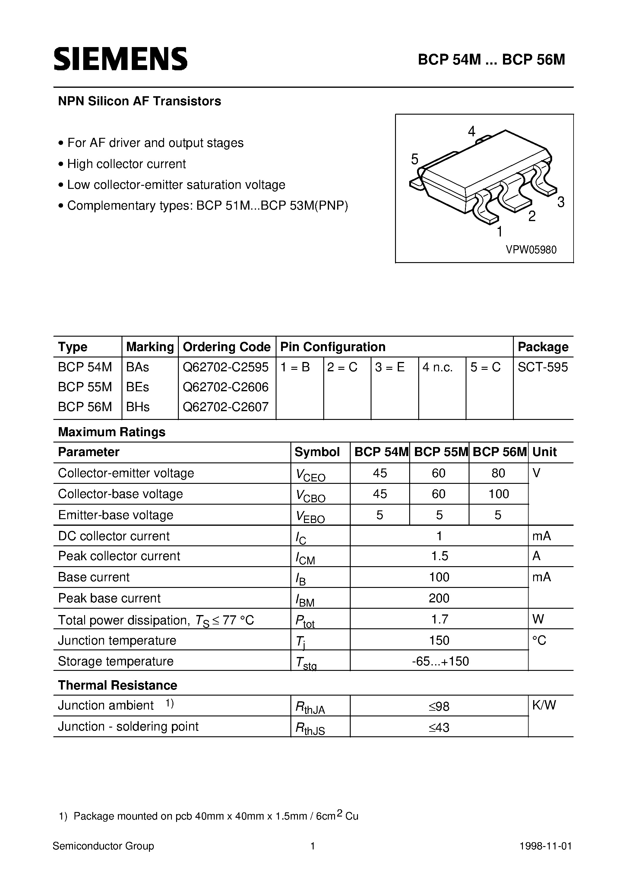 Datasheet BCP55M - NPN Silicon AF Transistors (For AF driver and output stages High collector current) page 1