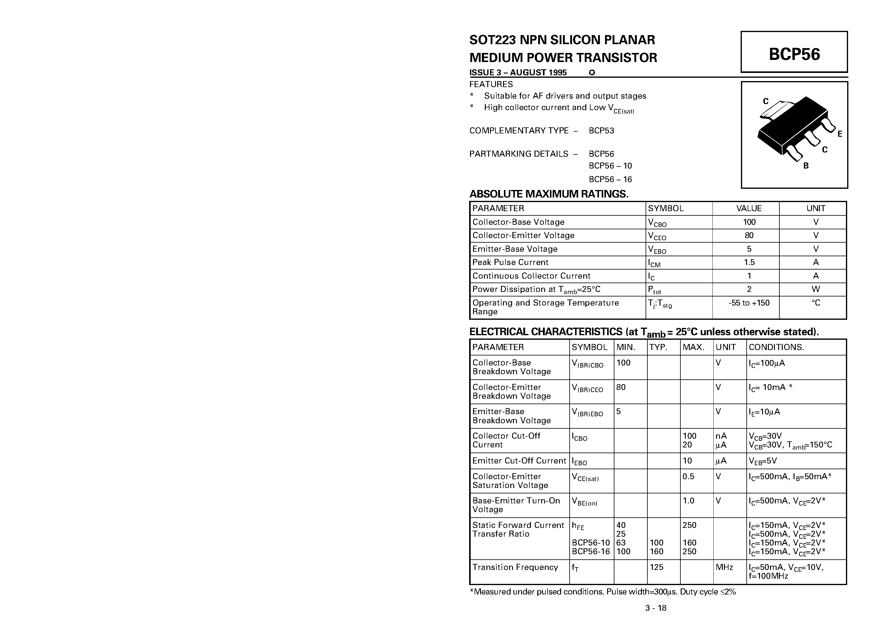 Datasheet BCP56 - NPN SILICON PLANAR MEDIUM POWER TRANSISTOR page 1