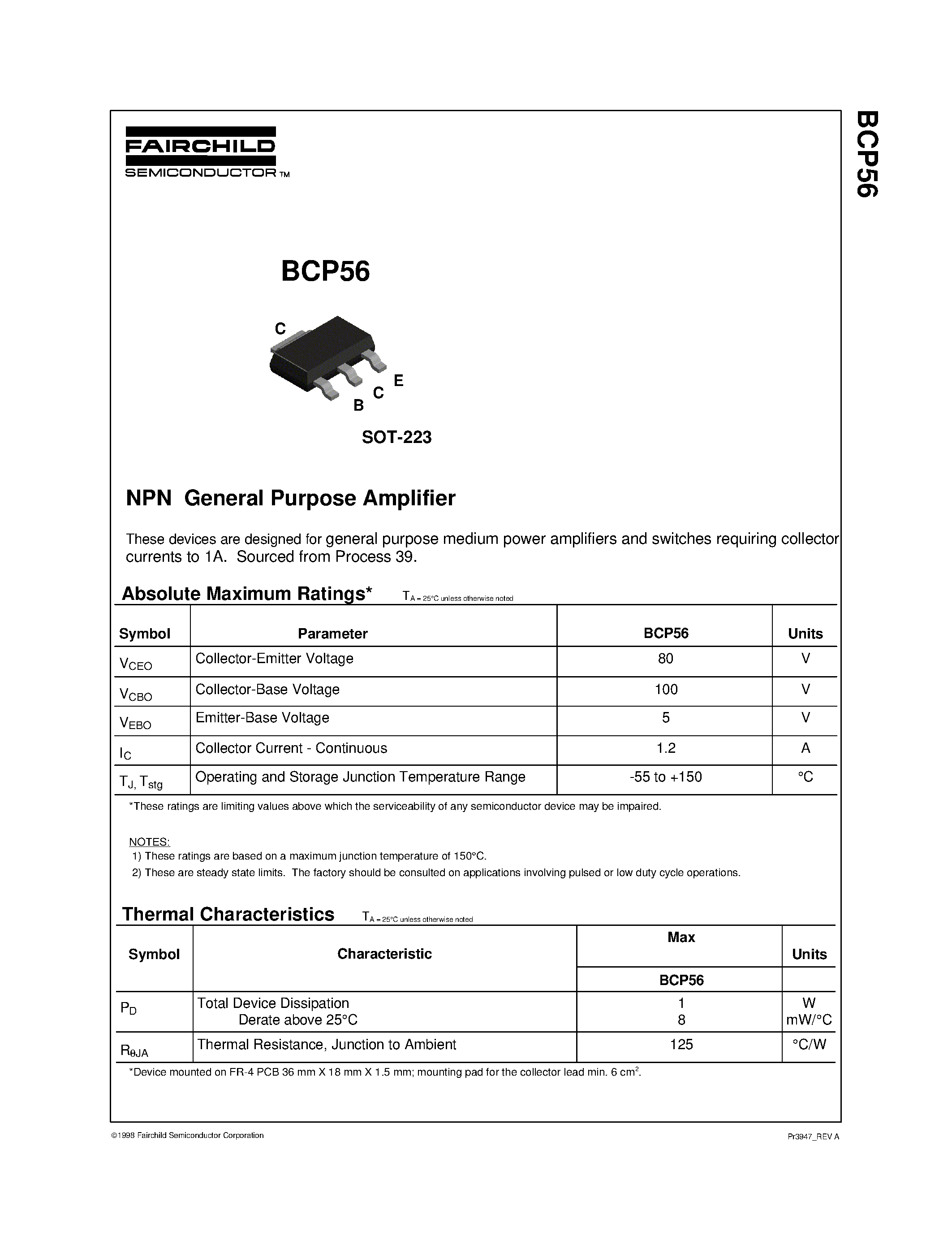 Datasheet BCP56 - NPN General Purpose Amplifier page 1