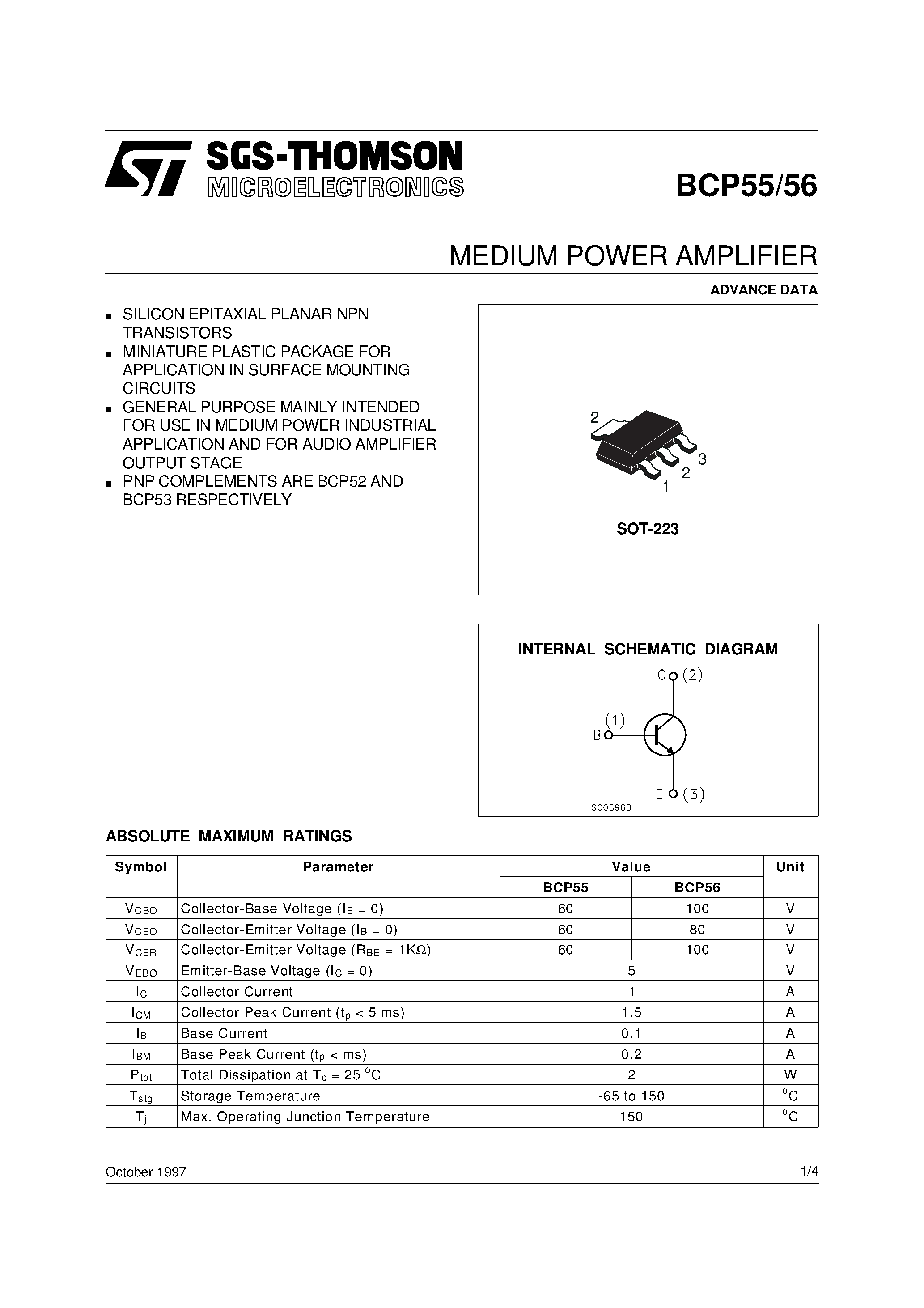 Datasheet BCP56 - MEDIUM POWER AMPLIFIER page 1