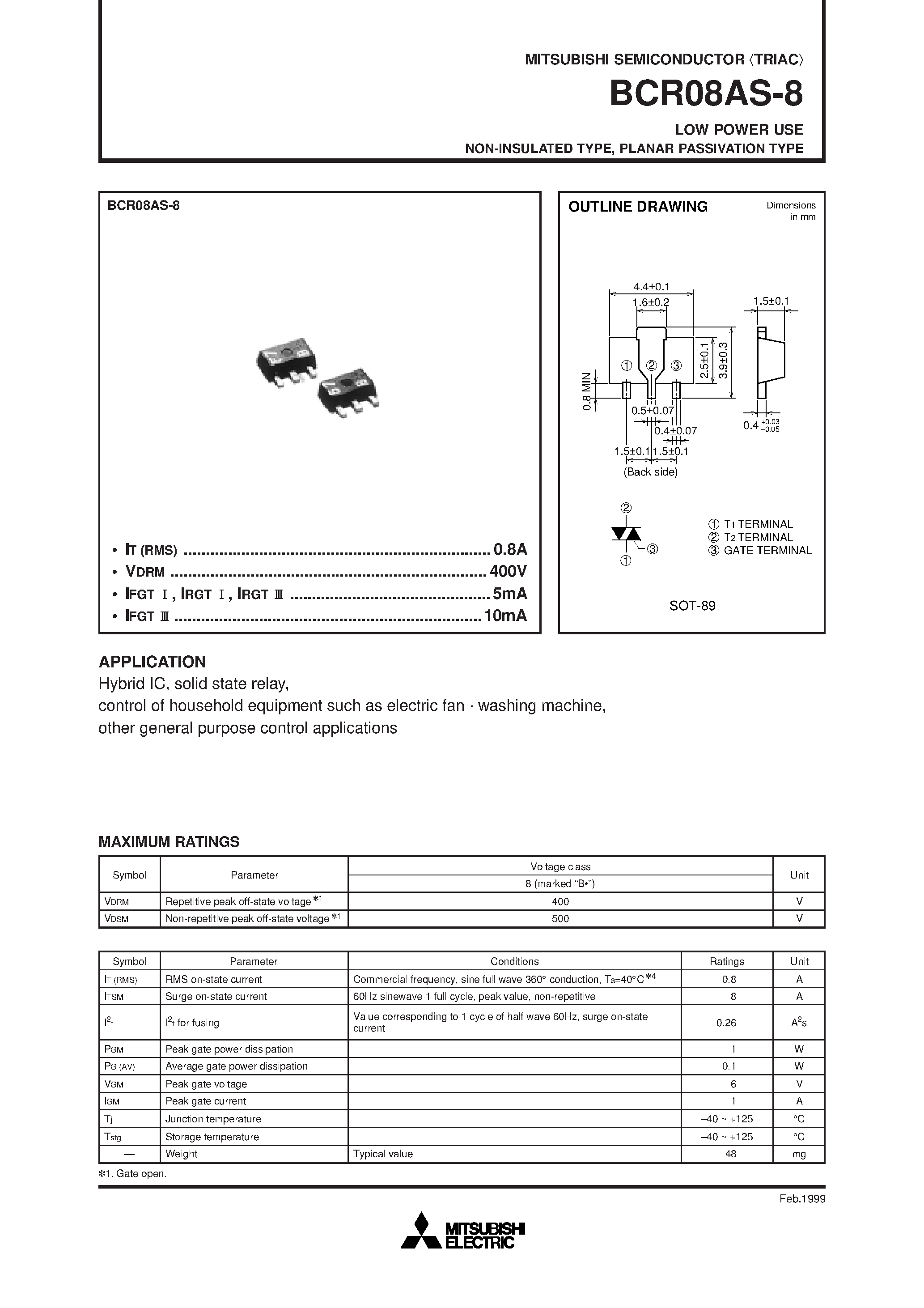 Даташит BCR08AS-8 - LOW POWER USE NON-INSULATED TYPE/ PLANAR PASSIVATION TYPE страница 1