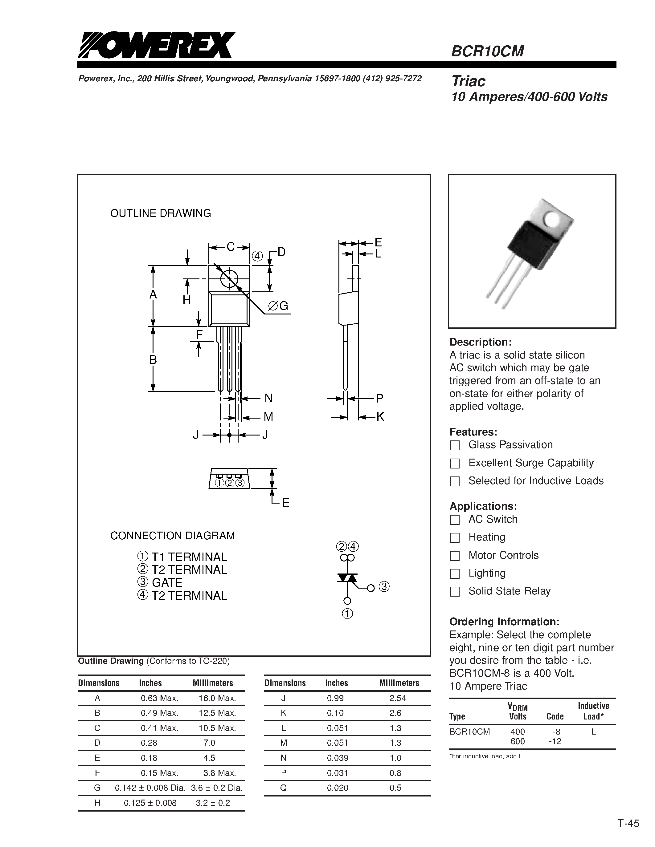 Datasheet BCR10CM - Triac 10 Amperes/400-600 Volts page 1