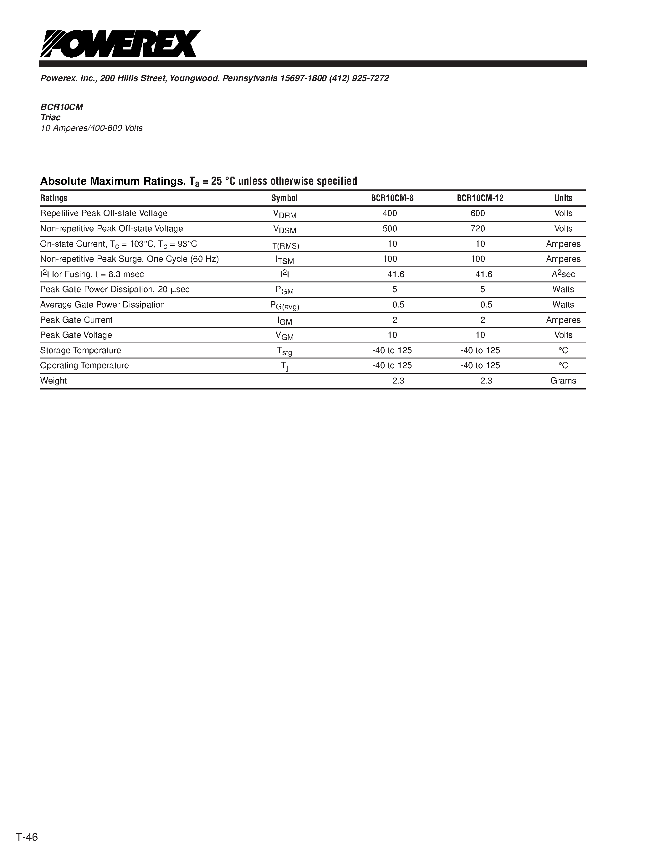 Datasheet BCR10CM - Triac 10 Amperes/400-600 Volts page 2