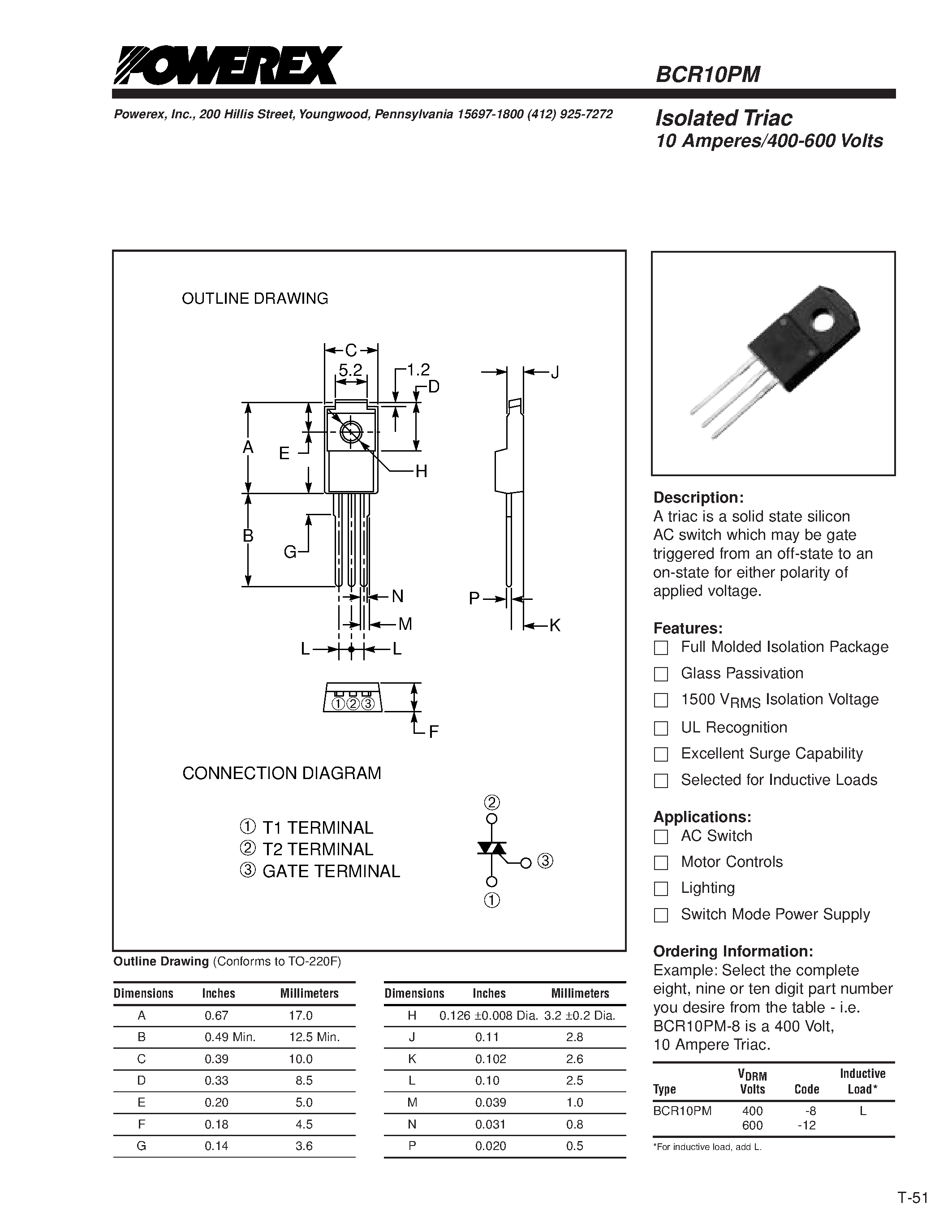 Datasheet BCR10PM - Isolated Triac 10 Amperes/400-600 Volts page 1