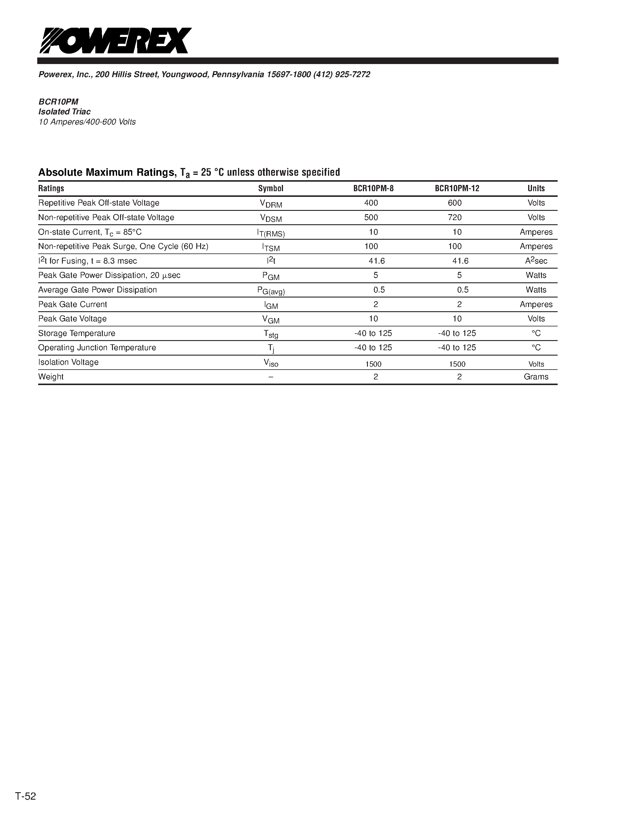 Datasheet BCR10PM - Isolated Triac 10 Amperes/400-600 Volts page 2