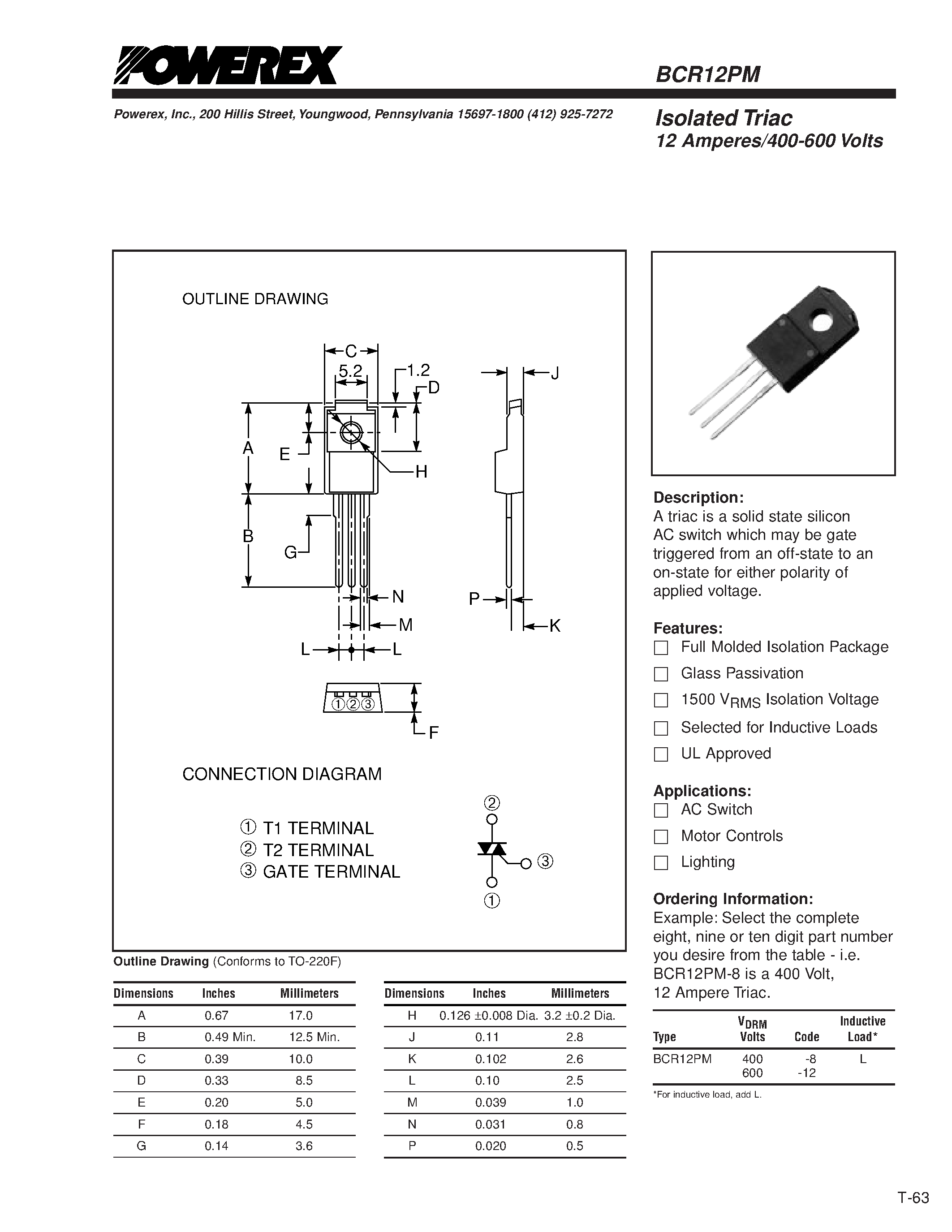 Даташит BCR12PM - Isolated Triac 12 Amperes/400-600 Volts страница 1