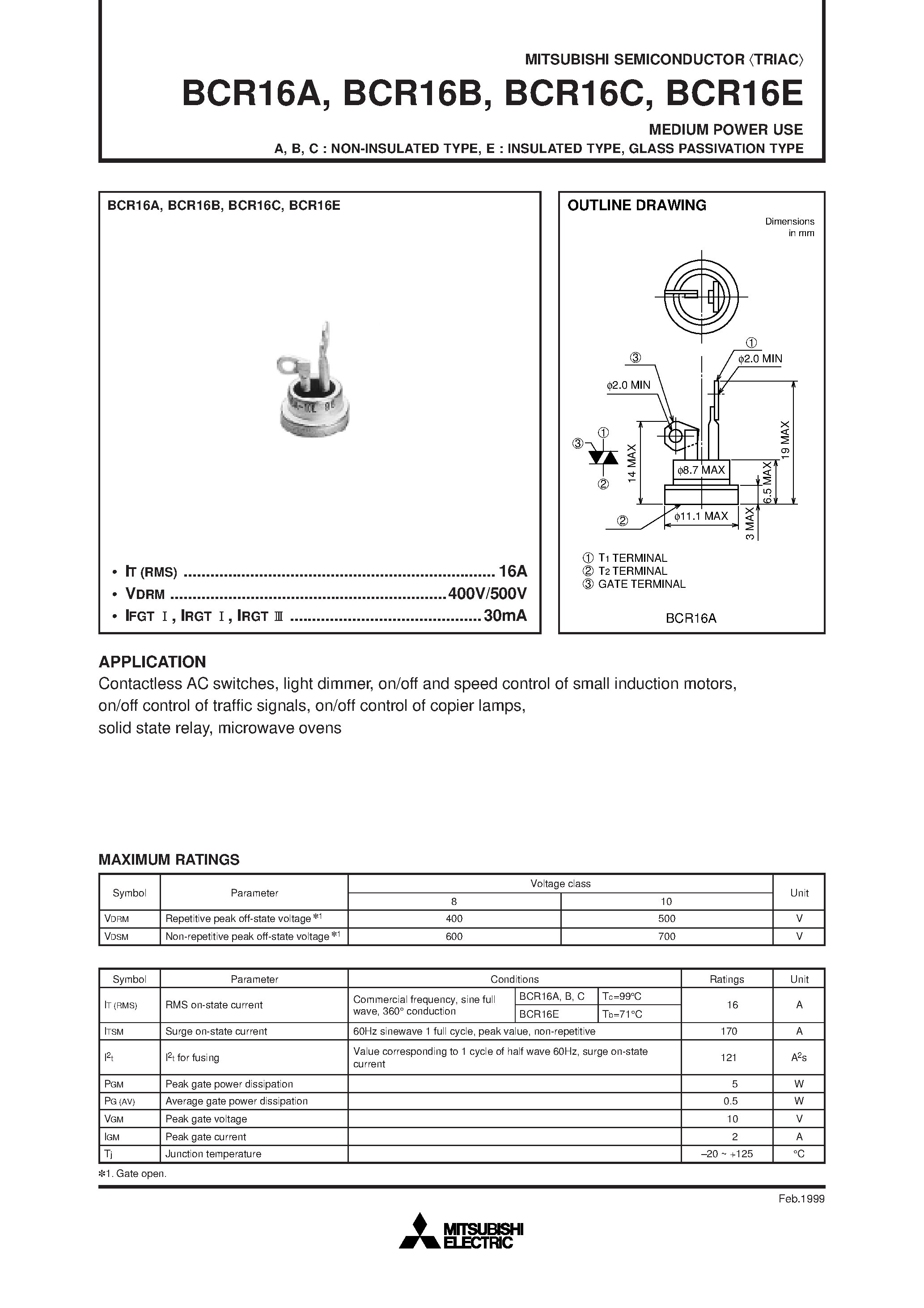 Datasheet BCR16A - MEDIUM POWER USE A/ B/ C : NON-INSULATED TYPE/ E : INSULATED TYPE/ GLASS PASSIVATION TYPE page 1