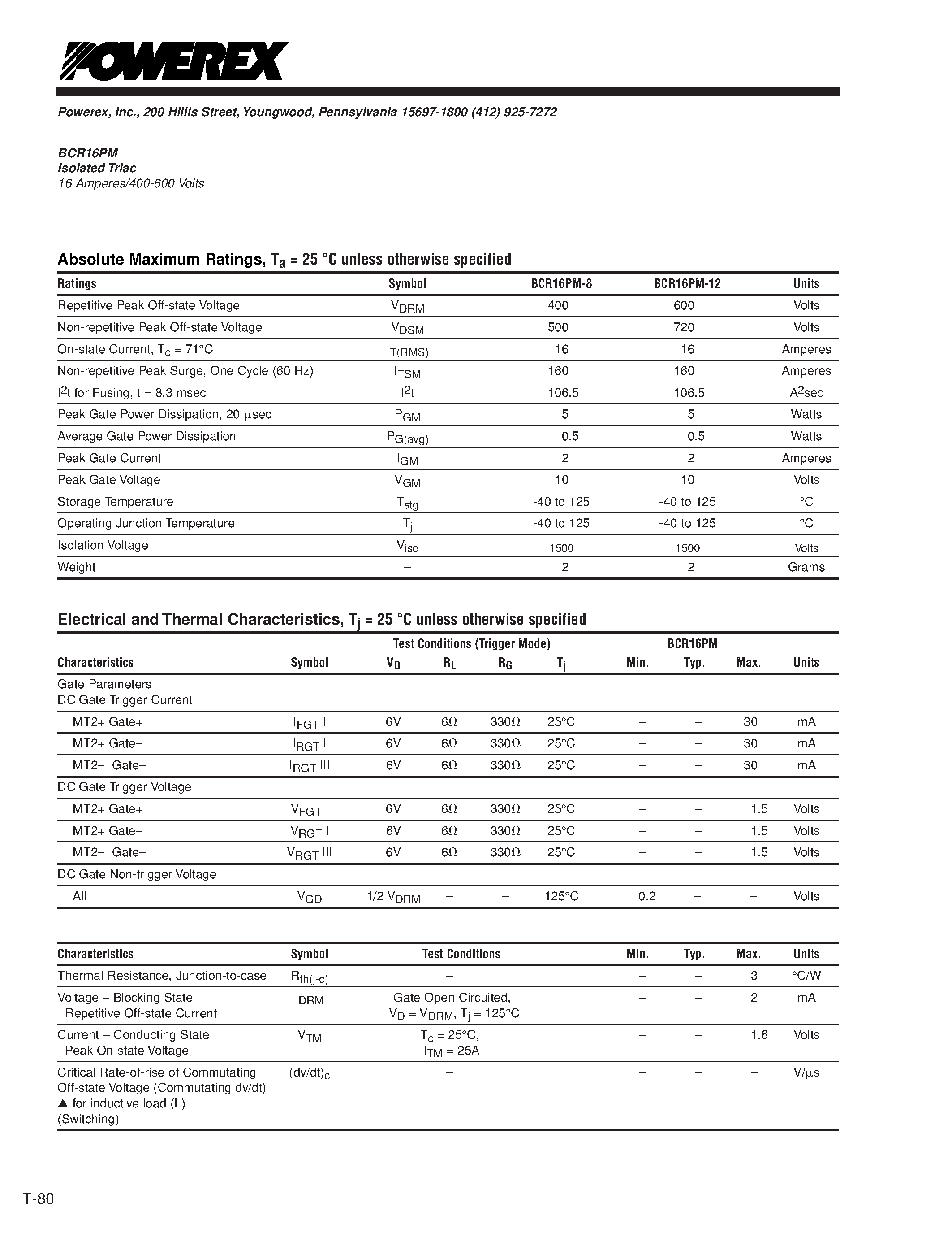 Даташит BCR16PM-8 - Isolated Triac 16 Amperes/400-600 Volts страница 2