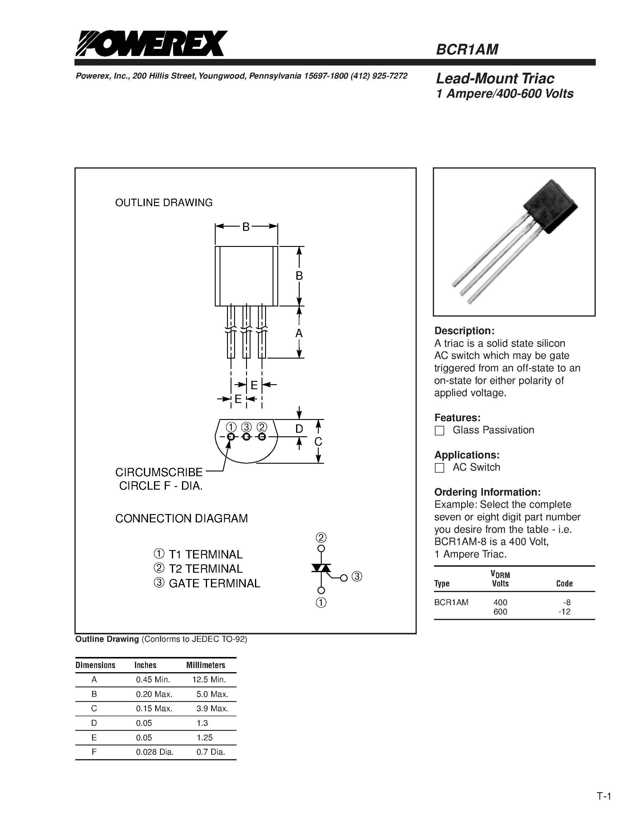 Даташит BCR1AM - Lead-Mount Triac 1 Ampere/400-600 Volts страница 1