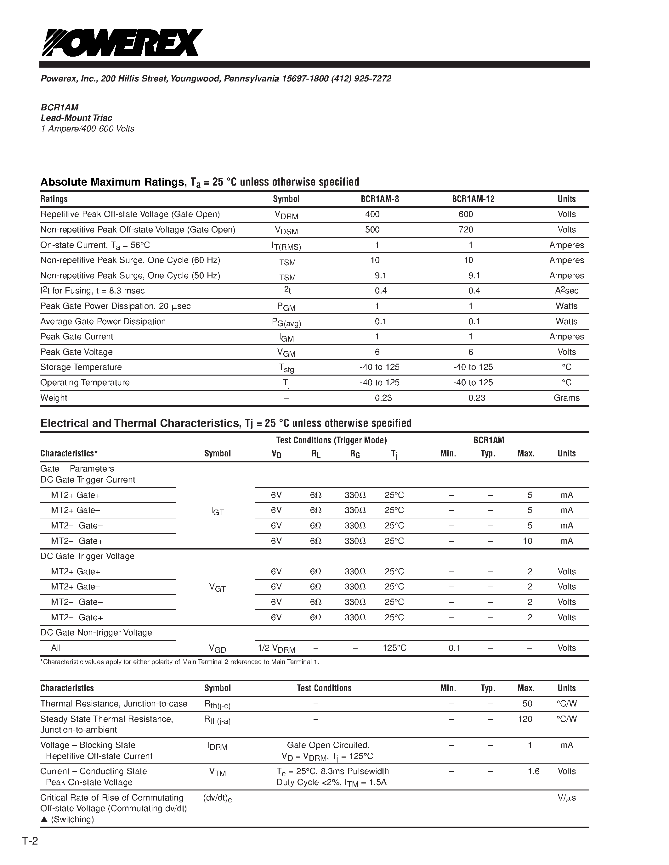 Даташит BCR1AM-8 - Lead-Mount Triac 1 Ampere/400-600 Volts страница 2