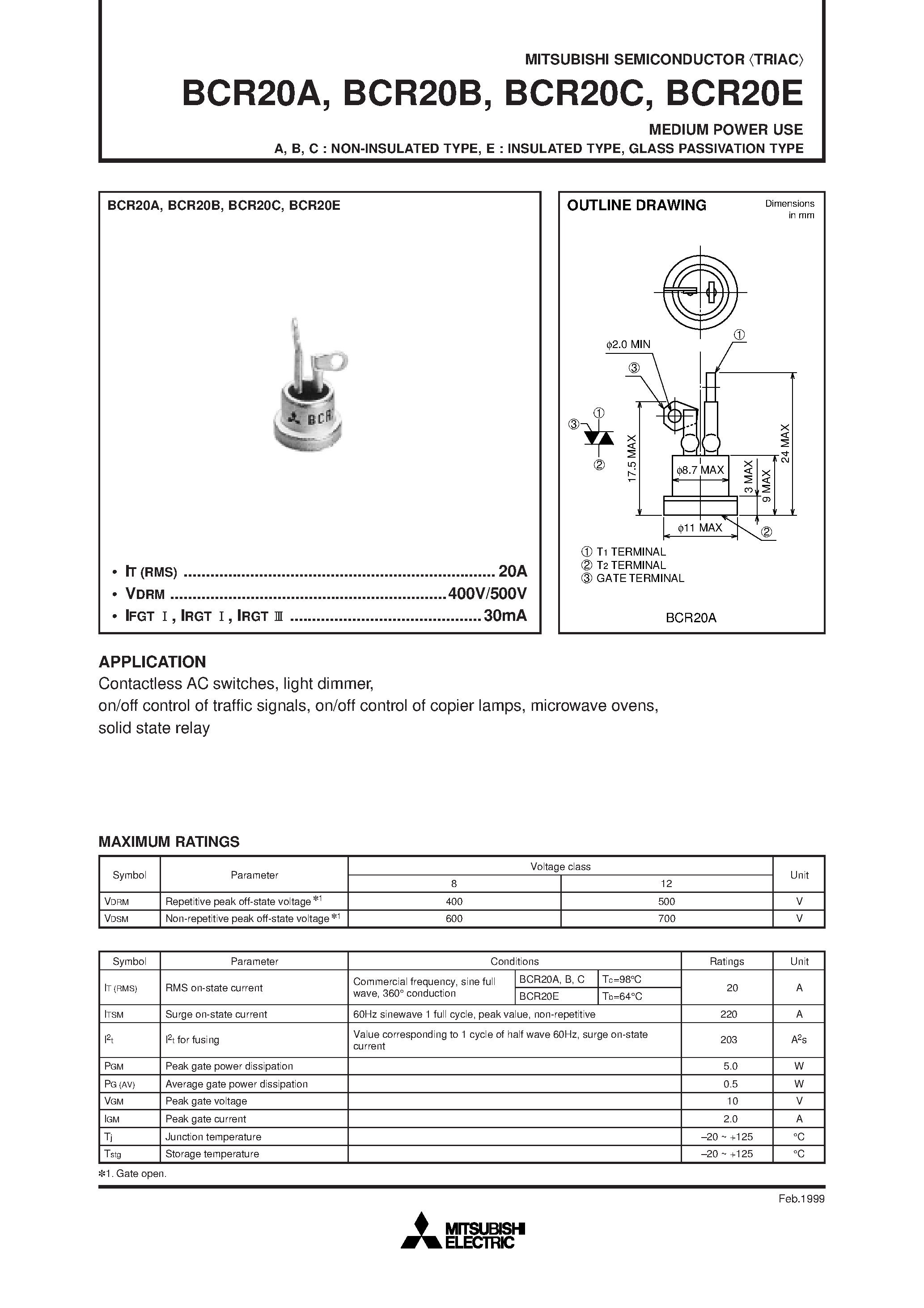 Datasheet BCR20A - MEDIUM POWER USE A/ B/ C : NON-INSULATED TYPE/ E : INSULATED TYPE/ GLASS PASSIVATION TYPE page 1