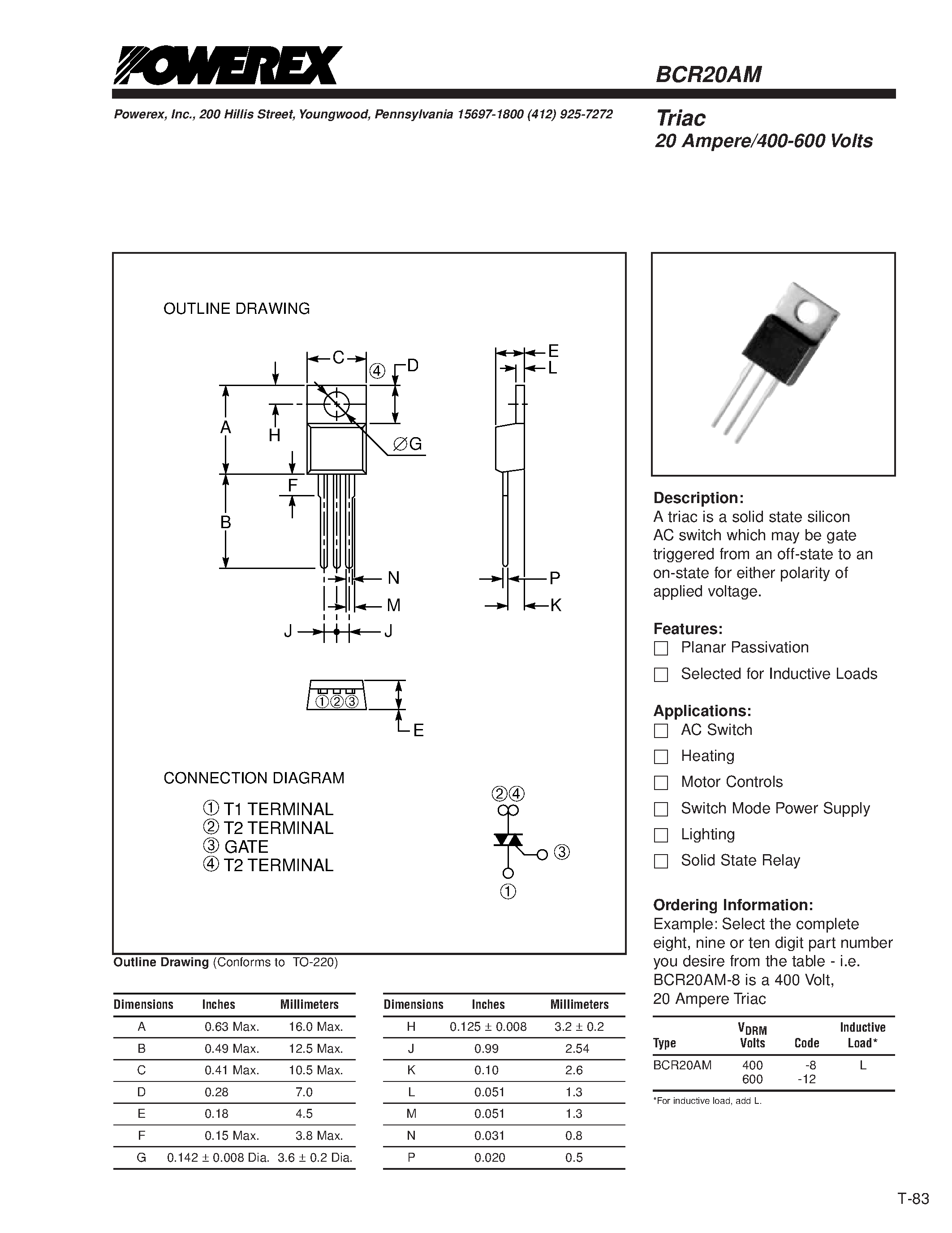 Даташит BCR20AM - Triac 20 Ampere/400-600 Volts страница 1