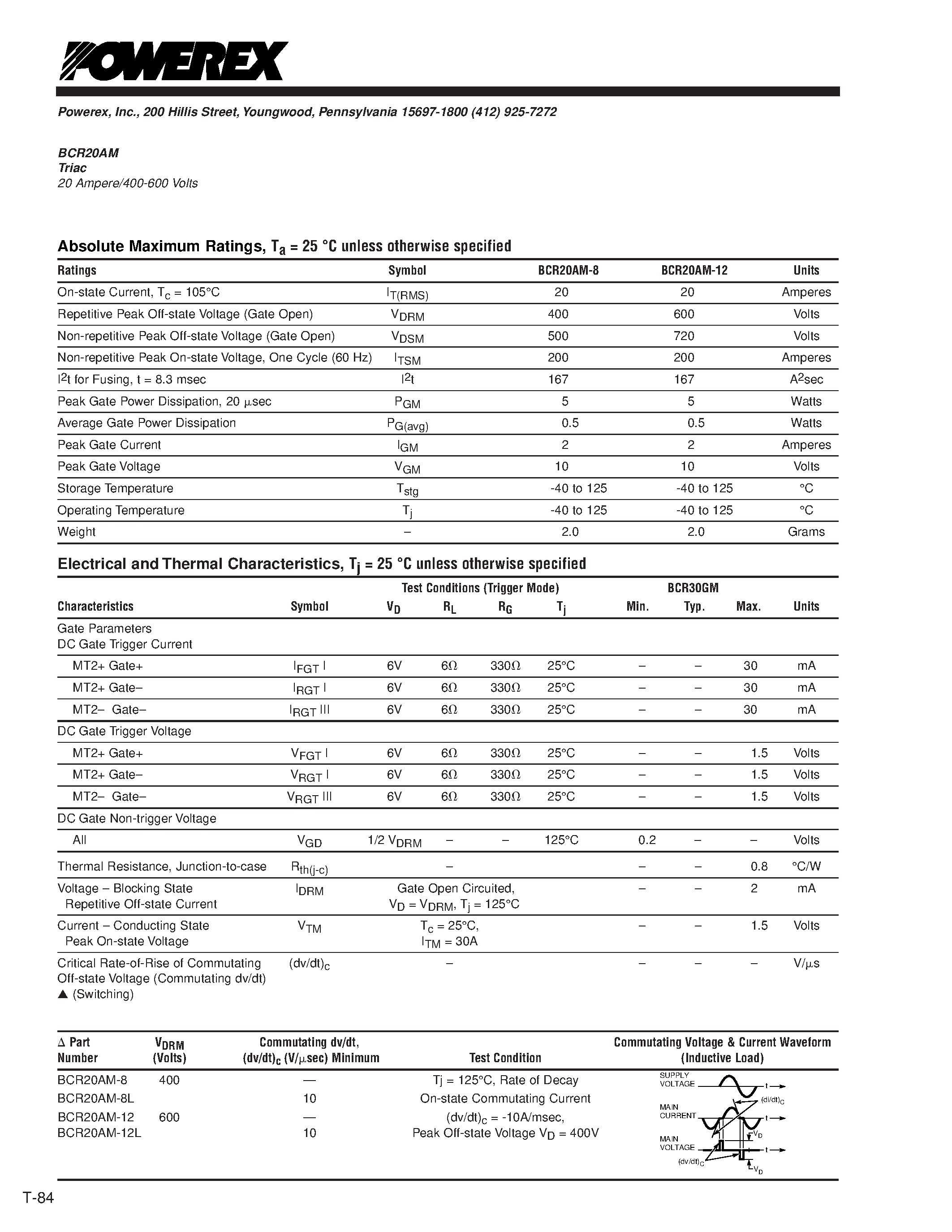 Даташит BCR20AM-8 - Triac 20 Ampere/400-600 Volts страница 2