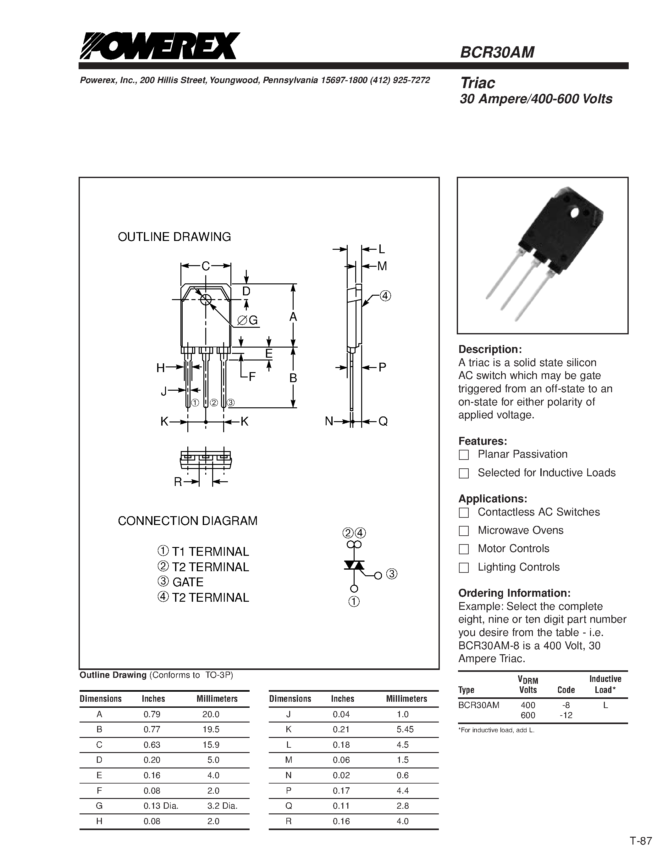 Даташит BCR30AM - Triac 30 Ampere/400-600 Volts страница 1