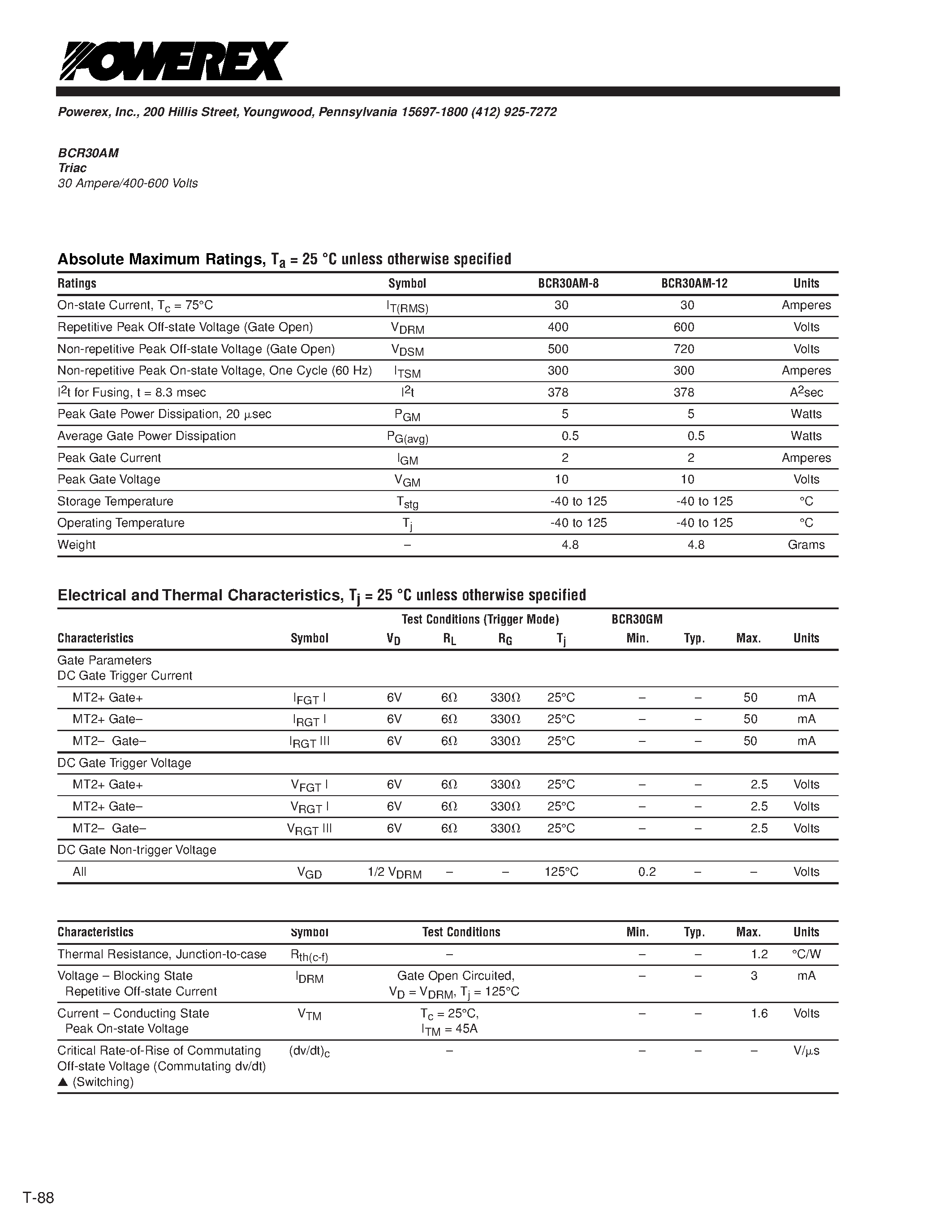 Даташит BCR30AM-8 - Triac 30 Ampere/400-600 Volts страница 2