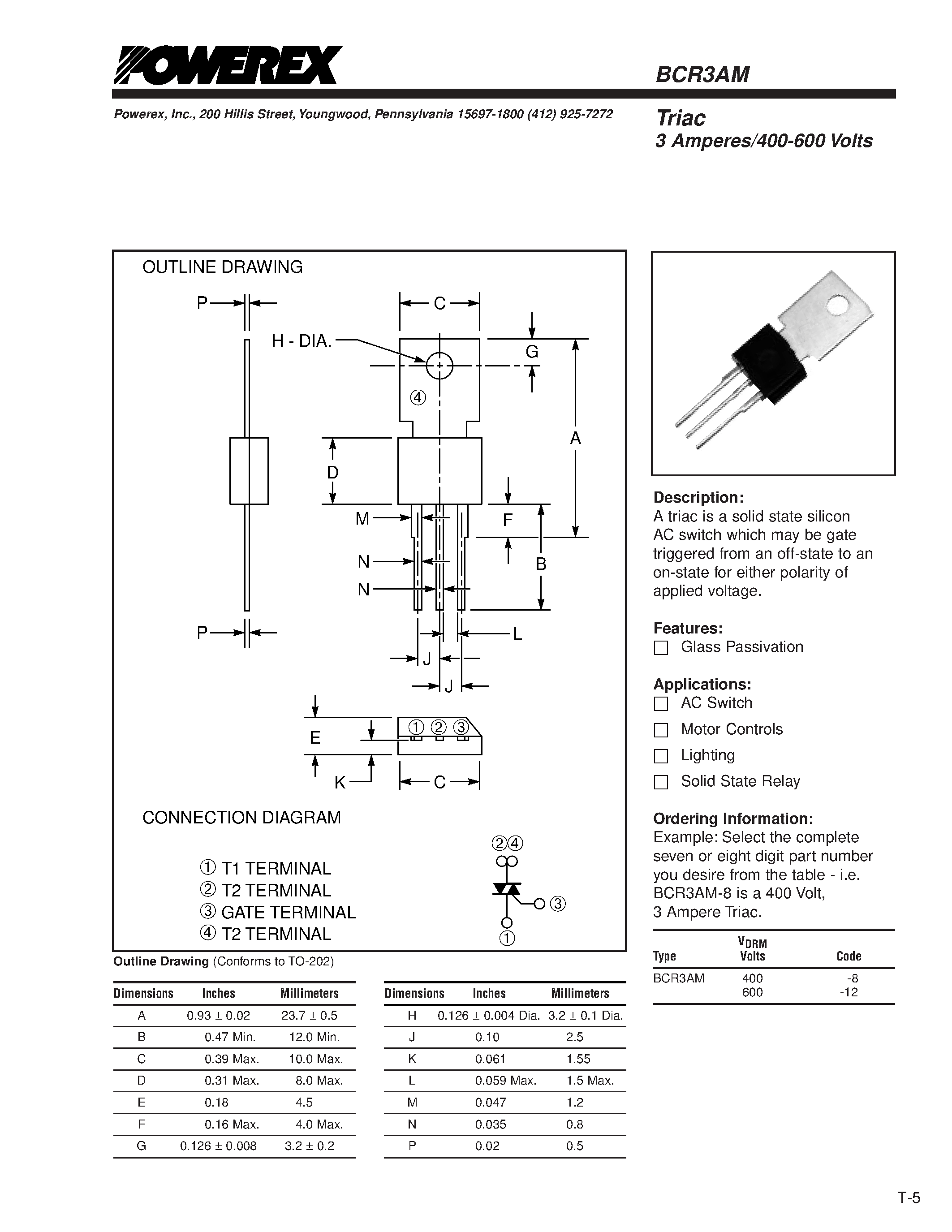 Даташит BCR3AM - Triac 3 Amperes/400-600 Volts страница 1