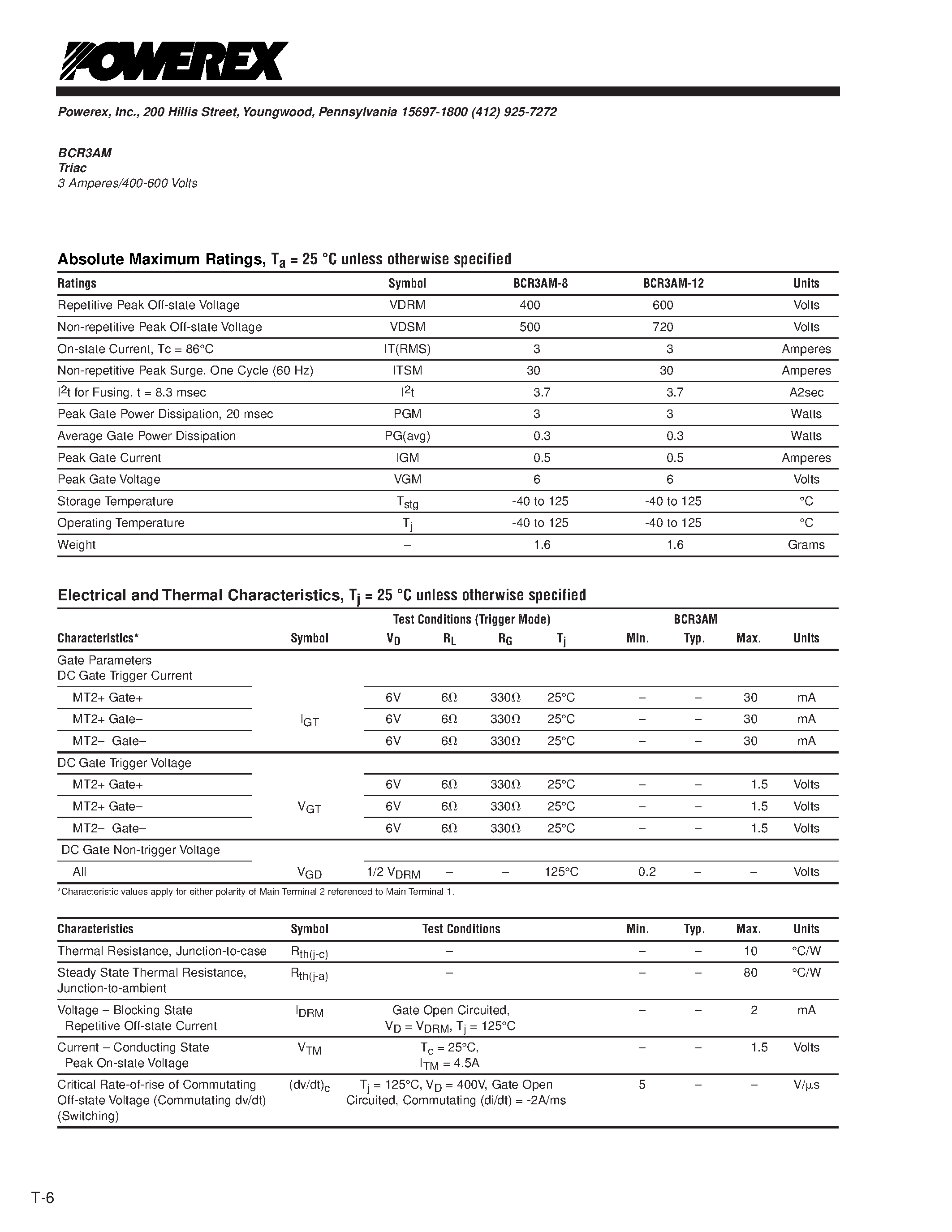 Даташит BCR3AM-8 - Triac 3 Amperes/400-600 Volts страница 2