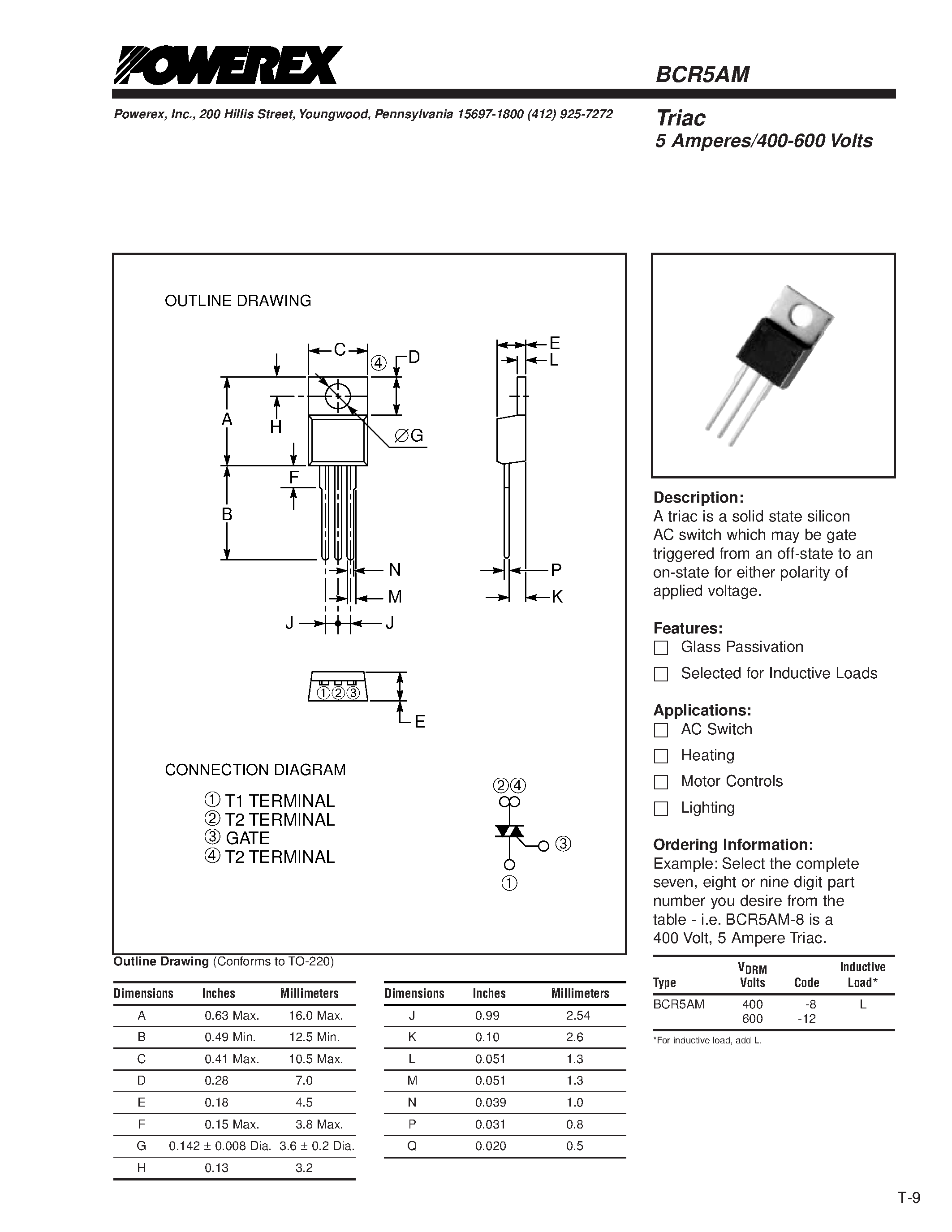 Даташит BCR5AM - Triac 5 Amperes/400-600 Volts страница 1