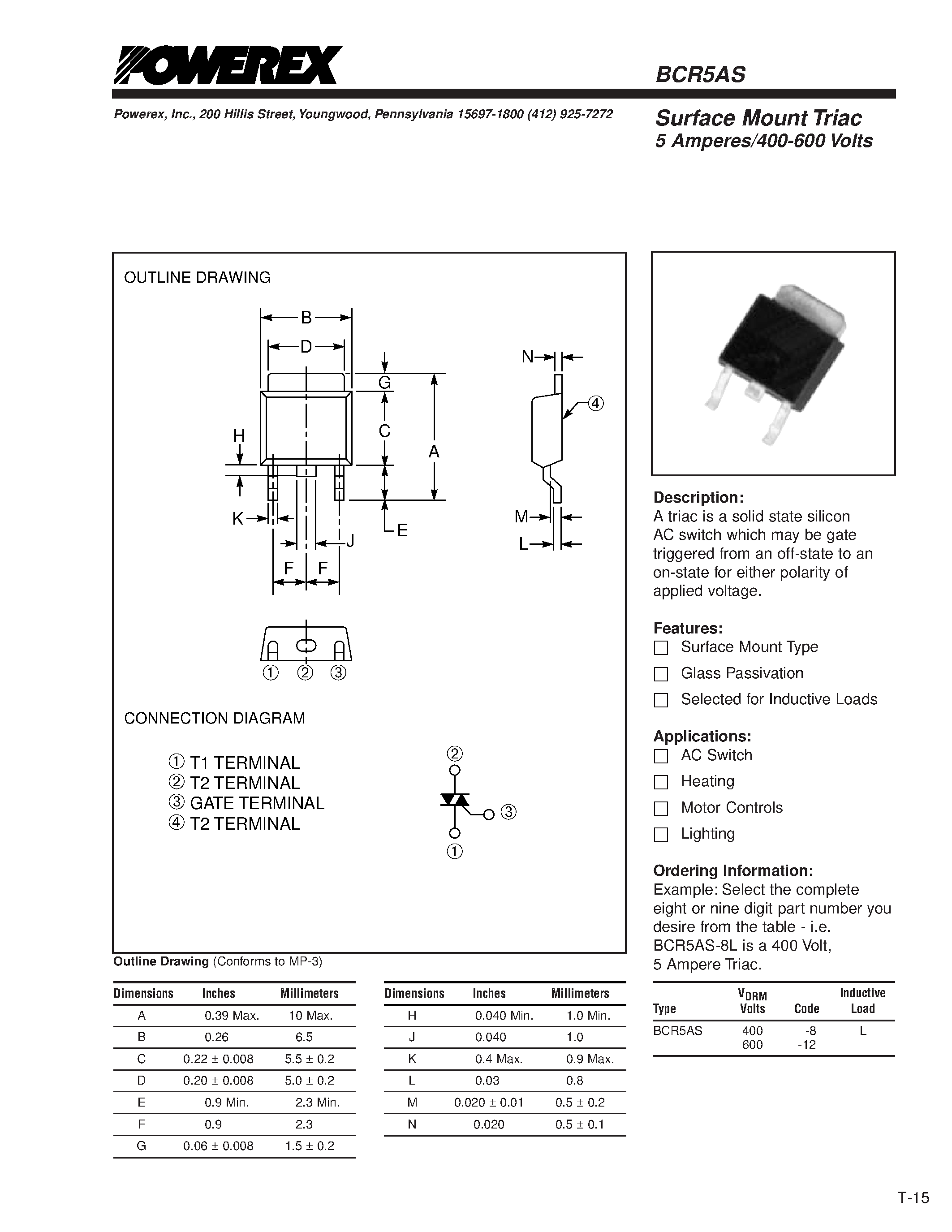 Даташит BCR5AS - Surface Mount Triac 5 Amperes/400-600 Volts страница 1