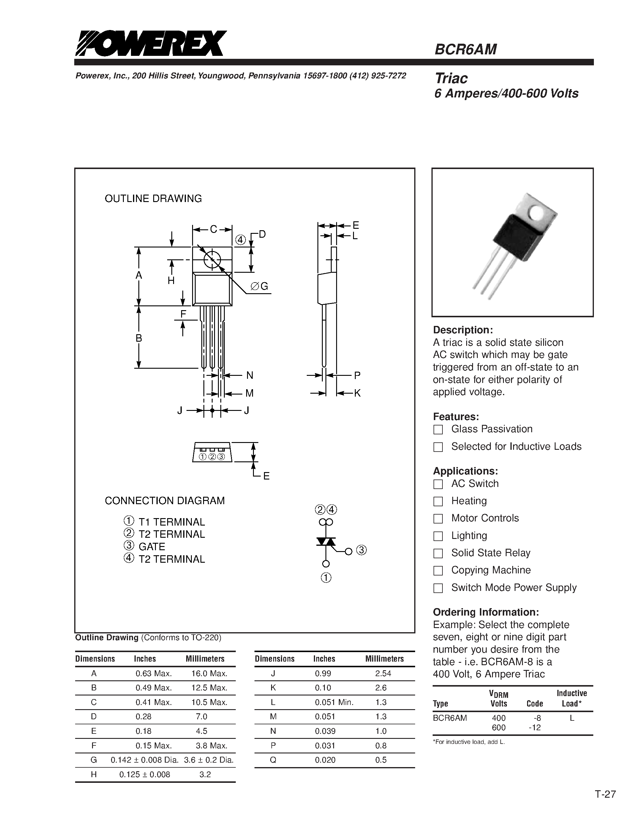 Даташит BCR6AM-12L - Triac 6 Amperes/400-600 Volts страница 1