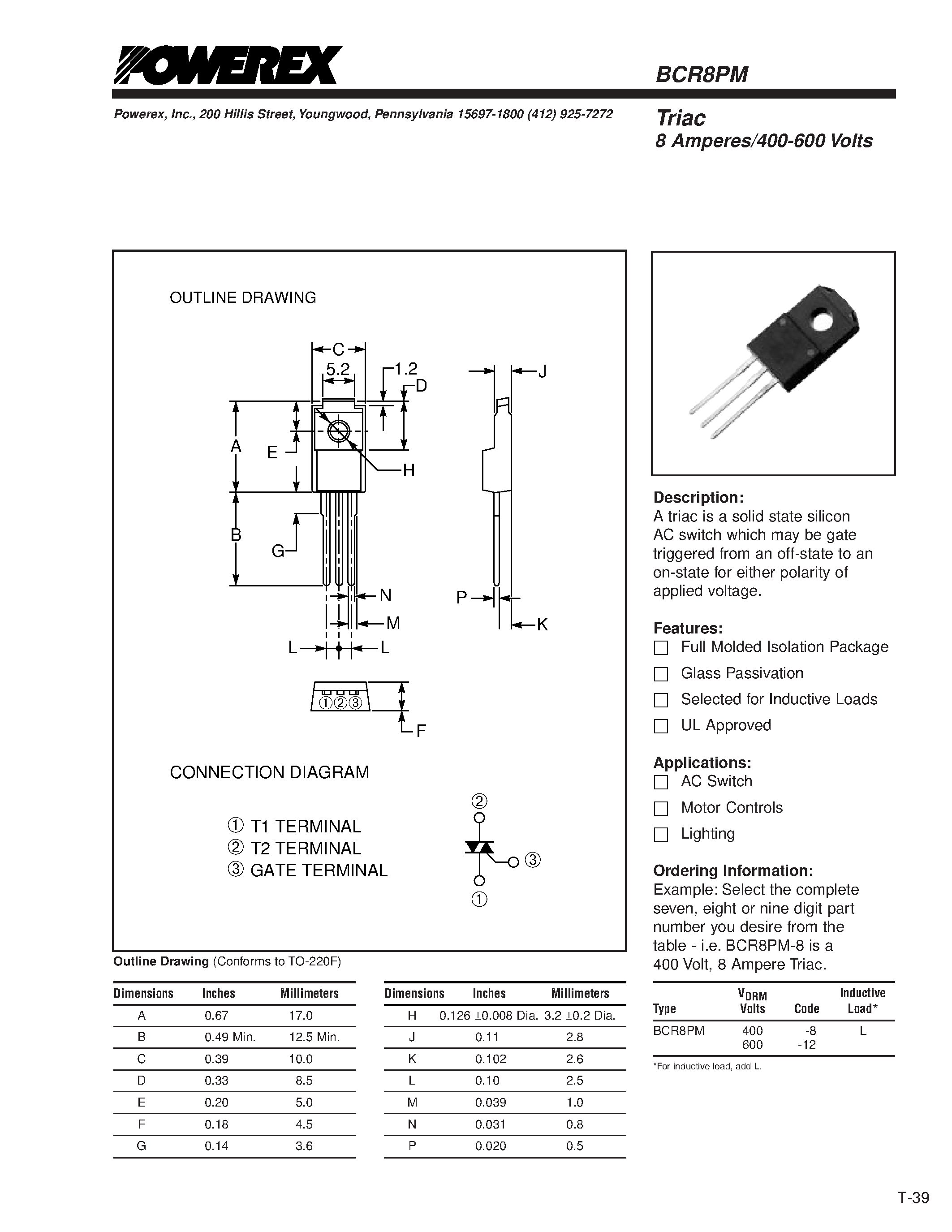 Даташит BCR8PM - Triac 8 Amperes/400-600 Volts страница 1