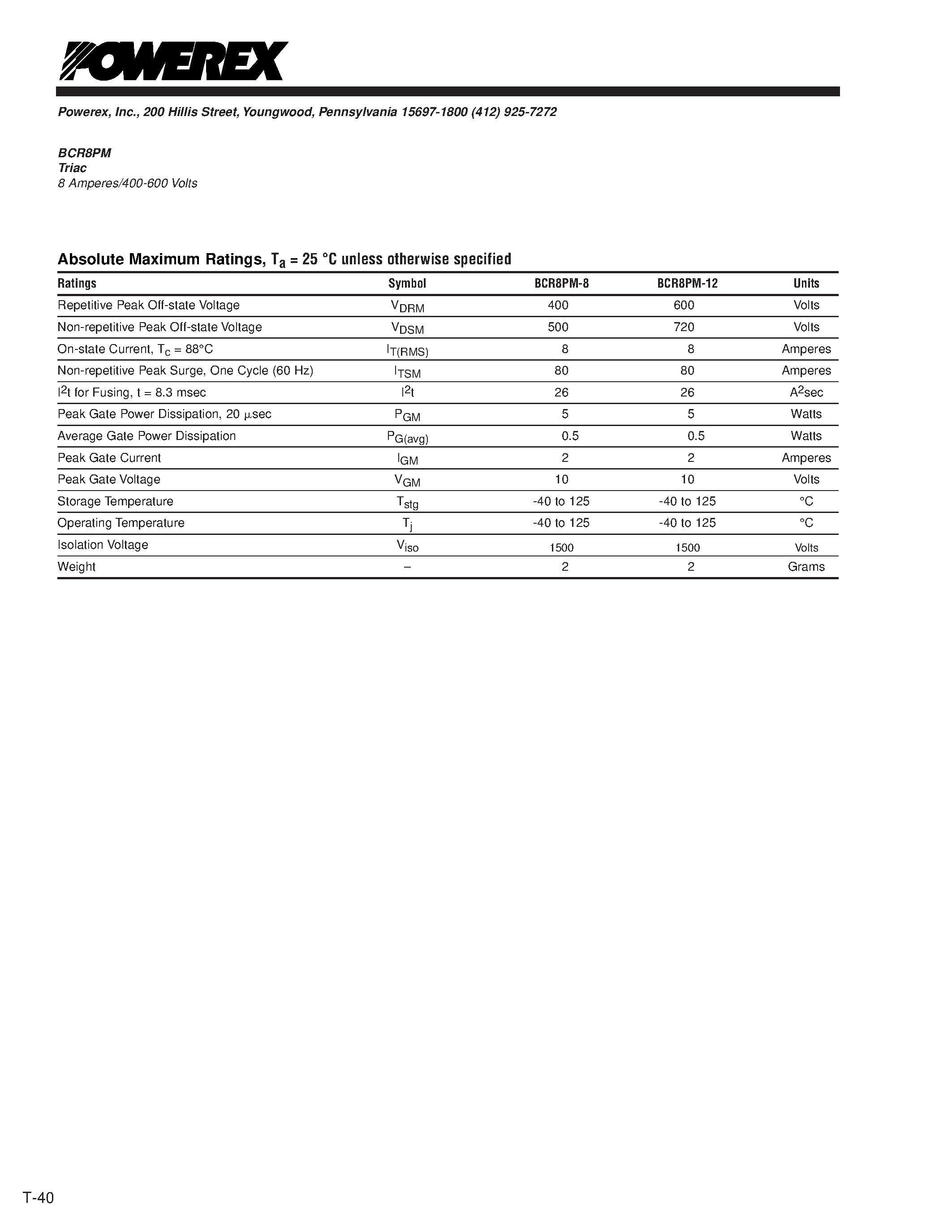 Даташит BCR8PM-12L - Triac 8 Amperes/400-600 Volts страница 2
