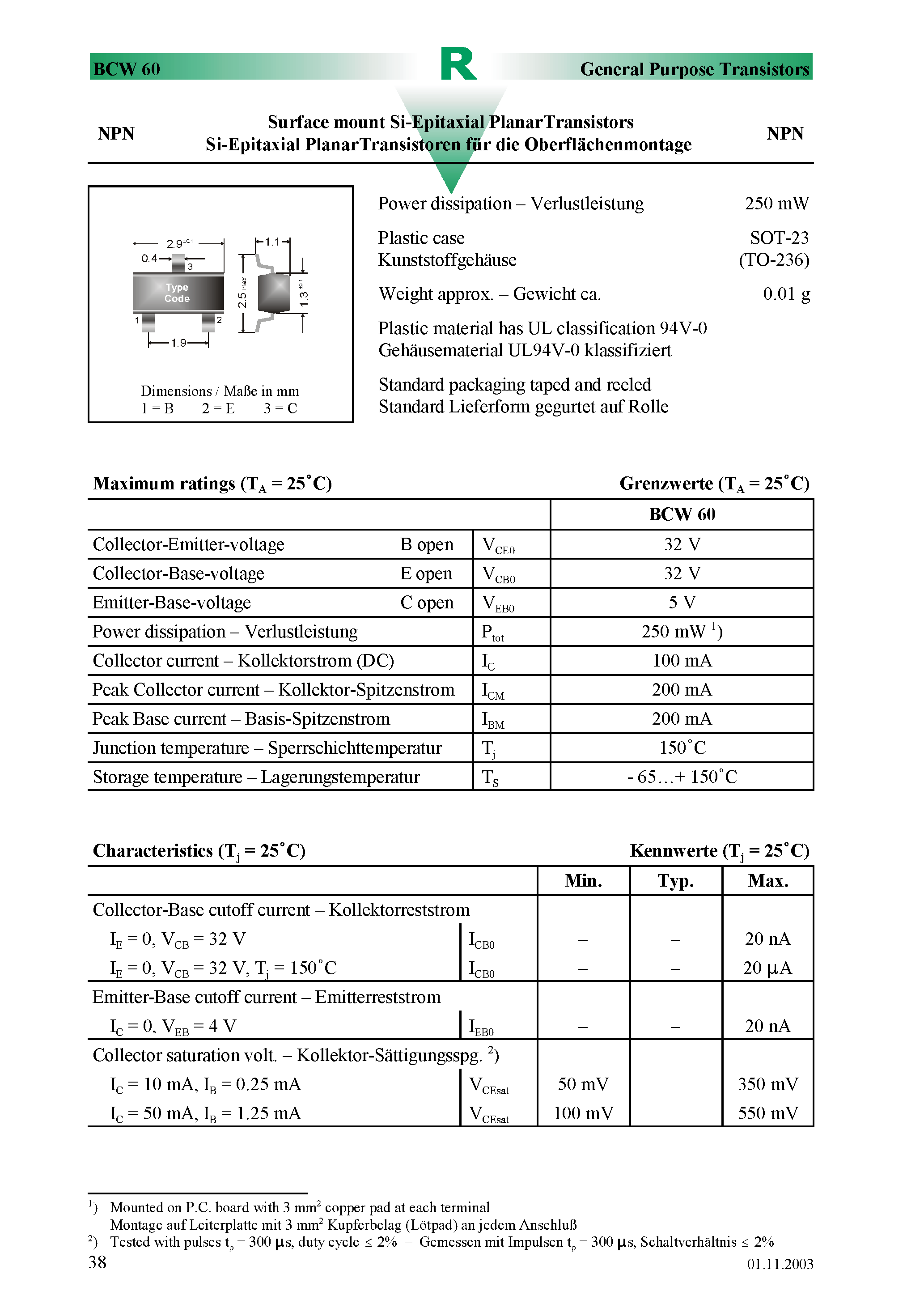 Datasheet BCW60 - Surface mount Si-Epitaxial PlanarTransistors page 1