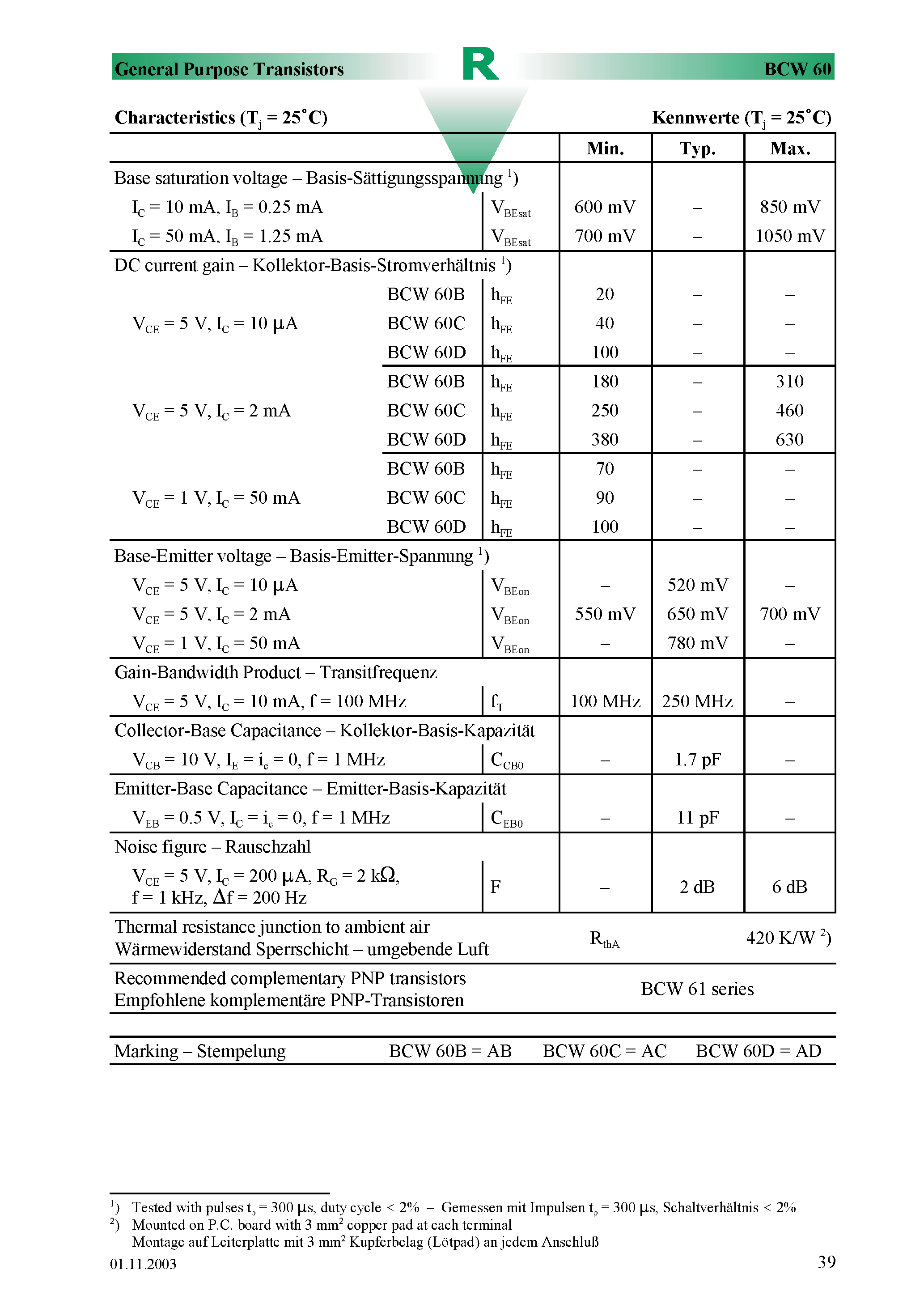 Datasheet BCW60 - Surface mount Si-Epitaxial PlanarTransistors page 2