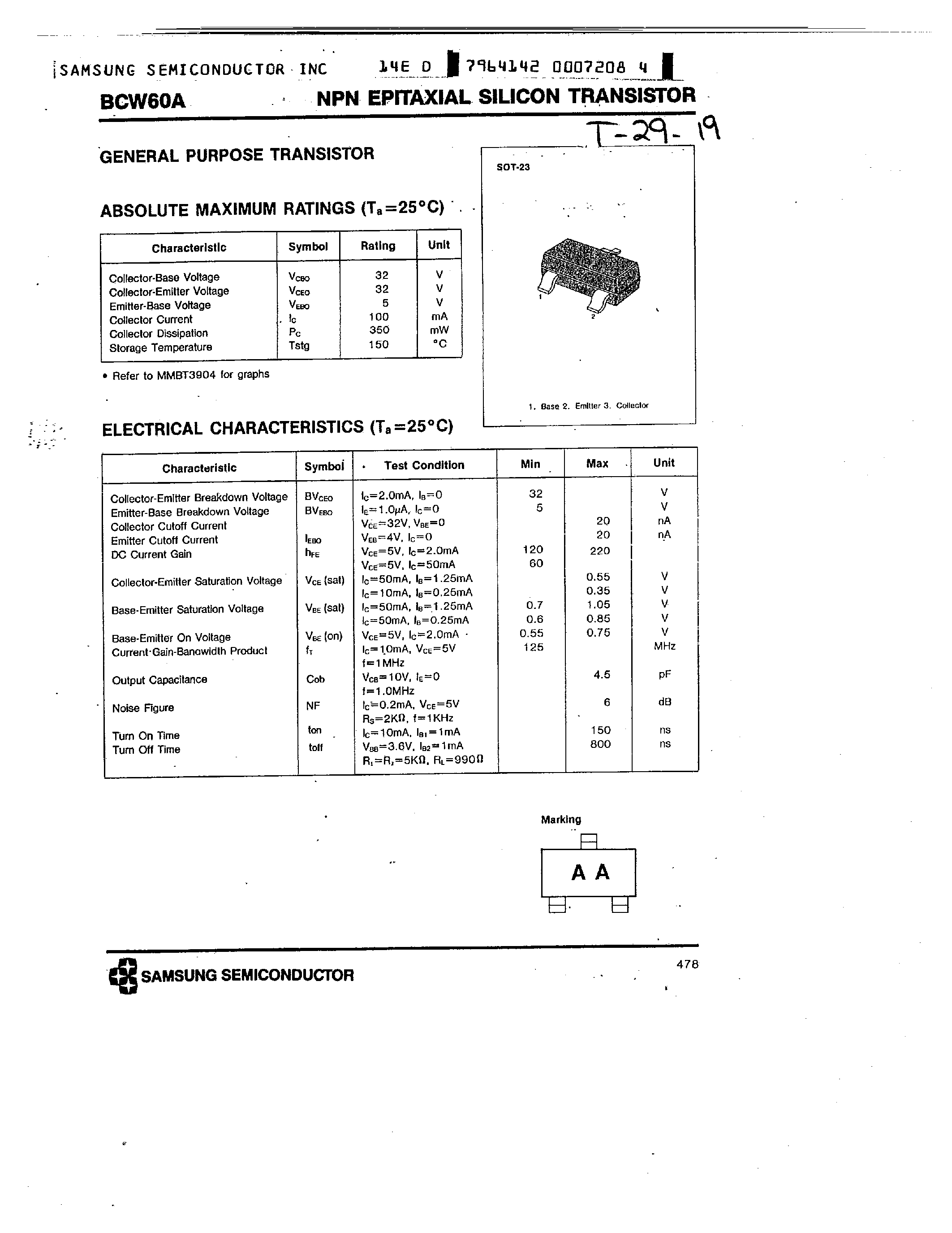 Datasheet BCW60A - NPN EPITAXIAL SILICON TRANSISTOR page 1