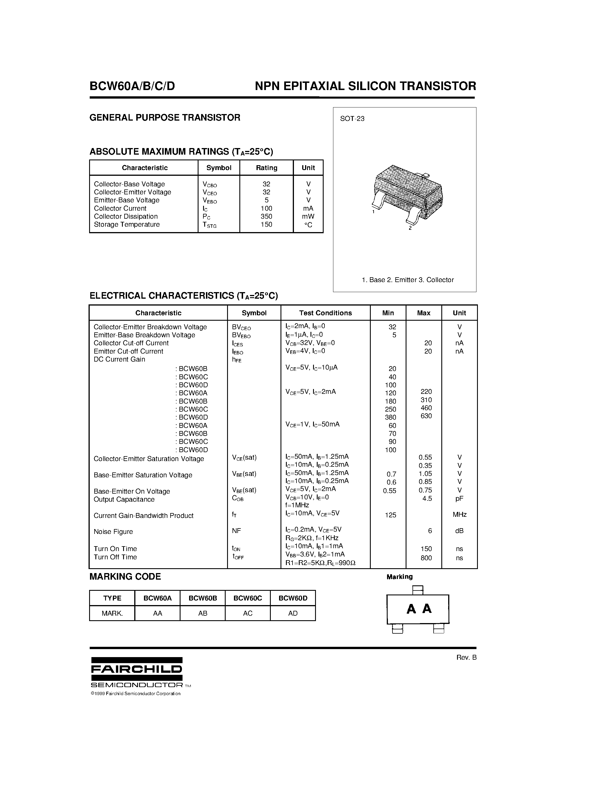 Datasheet BCW60A - NPN EPITAXIAL SILICON TRANSISTOR page 1