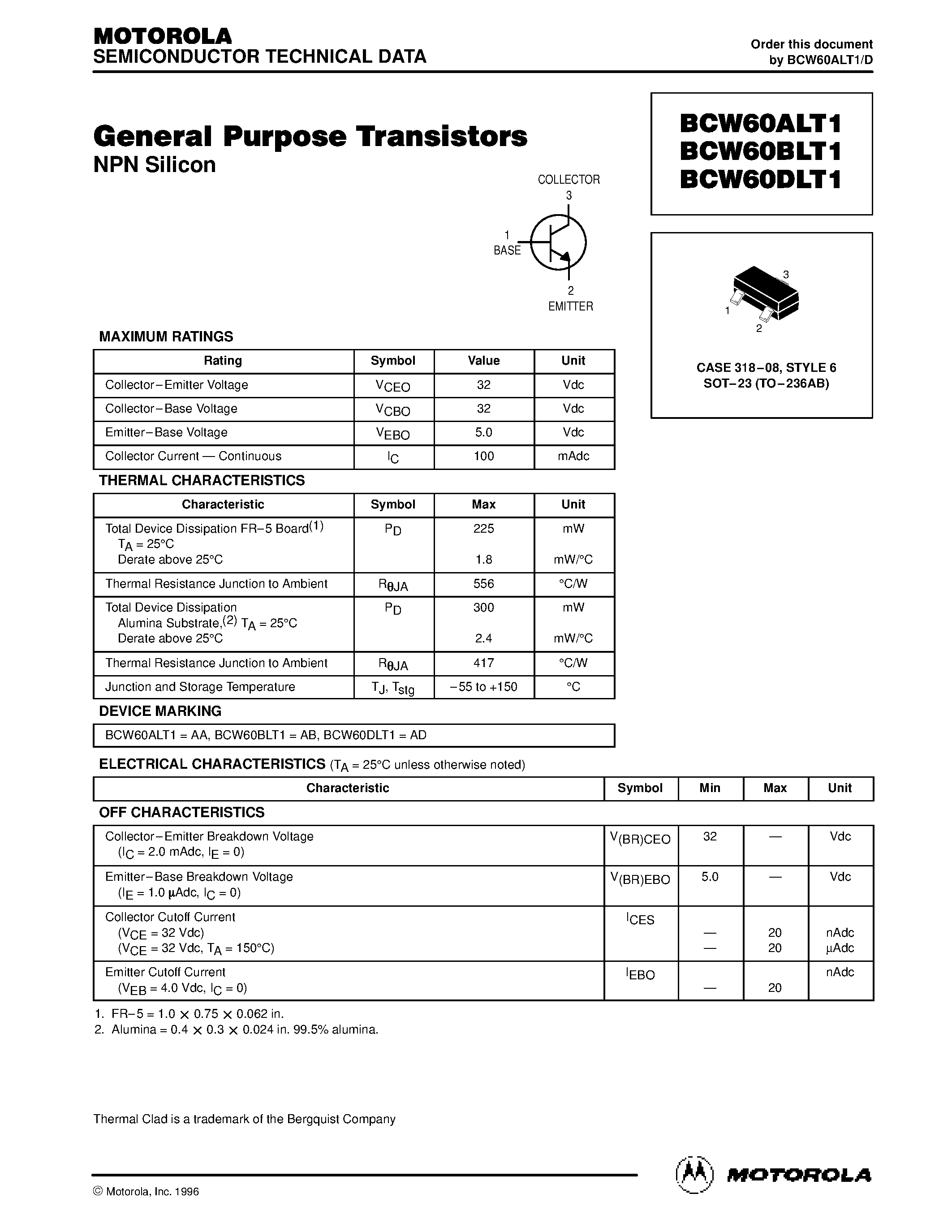 Datasheet BCW60ALT1 - General Purpose Transistors page 1