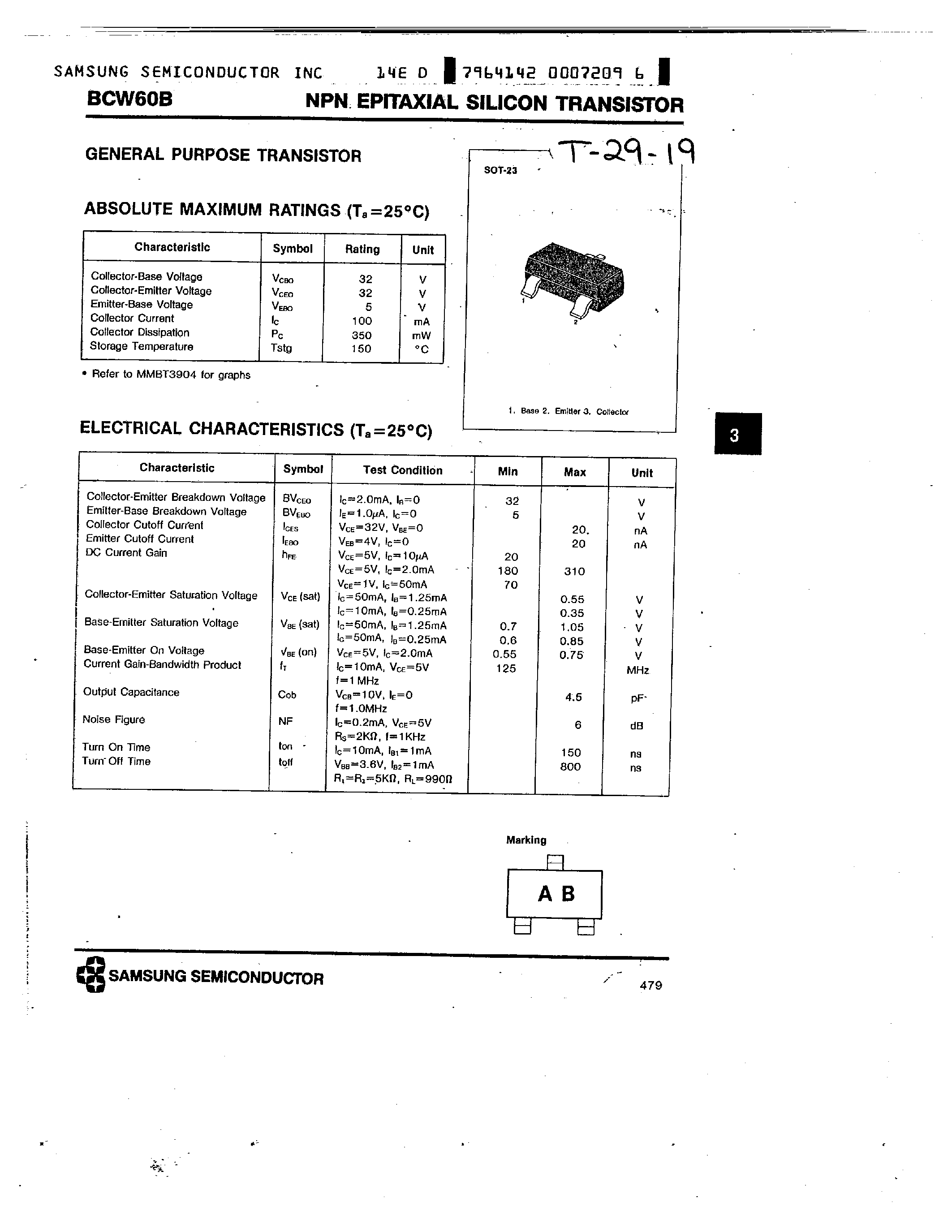 Datasheet BCW60B - NPN EPITAXIAL SILICON TRANSISTOR page 1