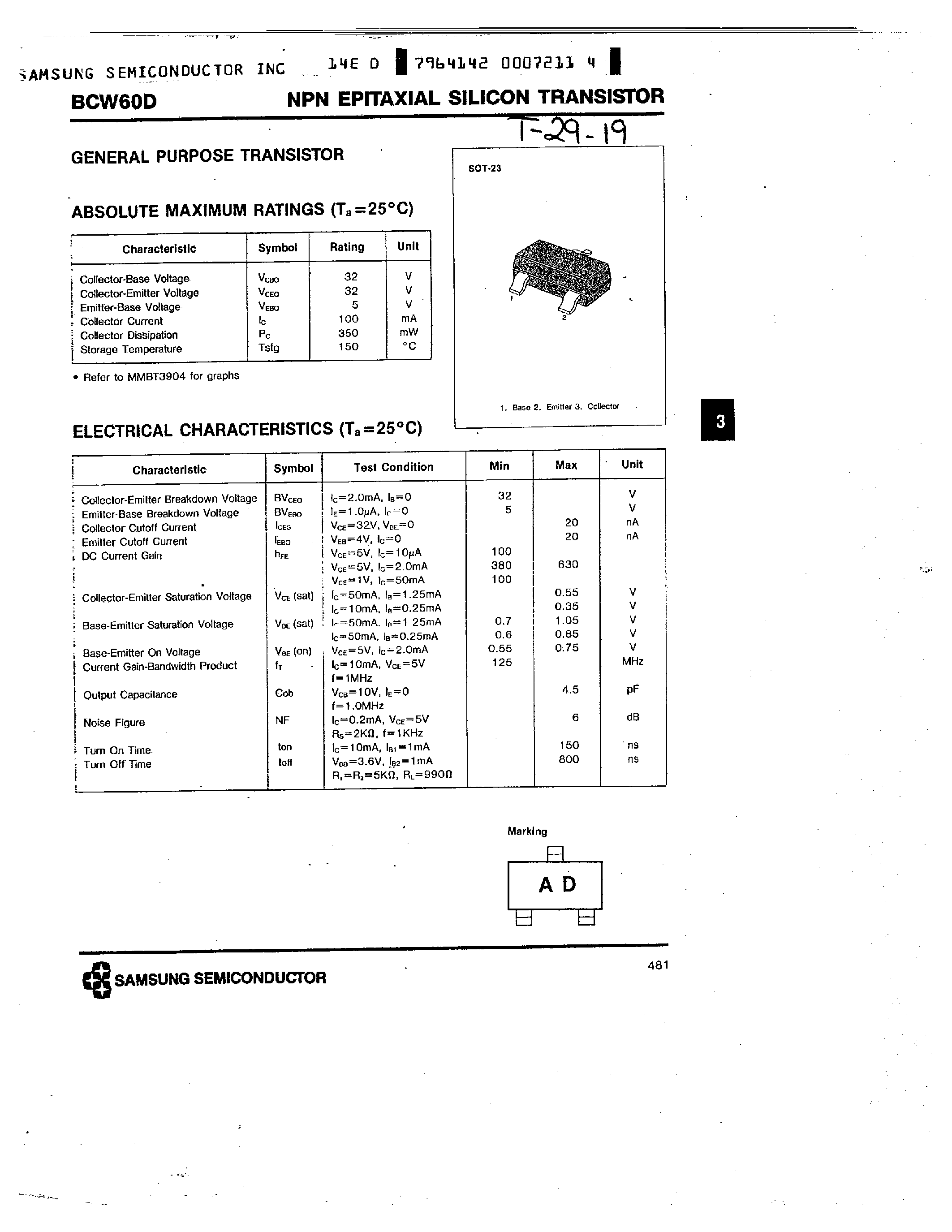 Datasheet BCW60D - NPN EPITAXIAL SILICON TRANSISTOR page 1