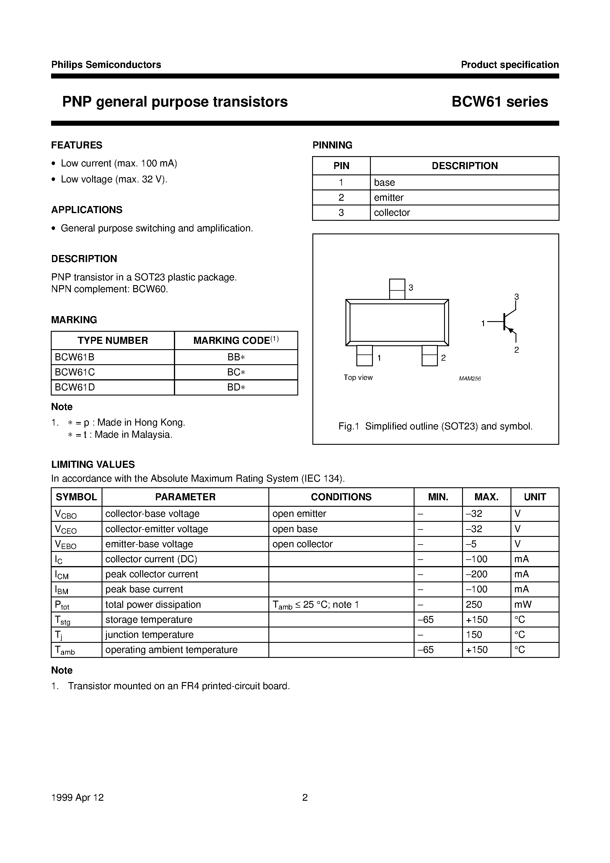 Datasheet BCW61 - PNP general purpose transistors page 2