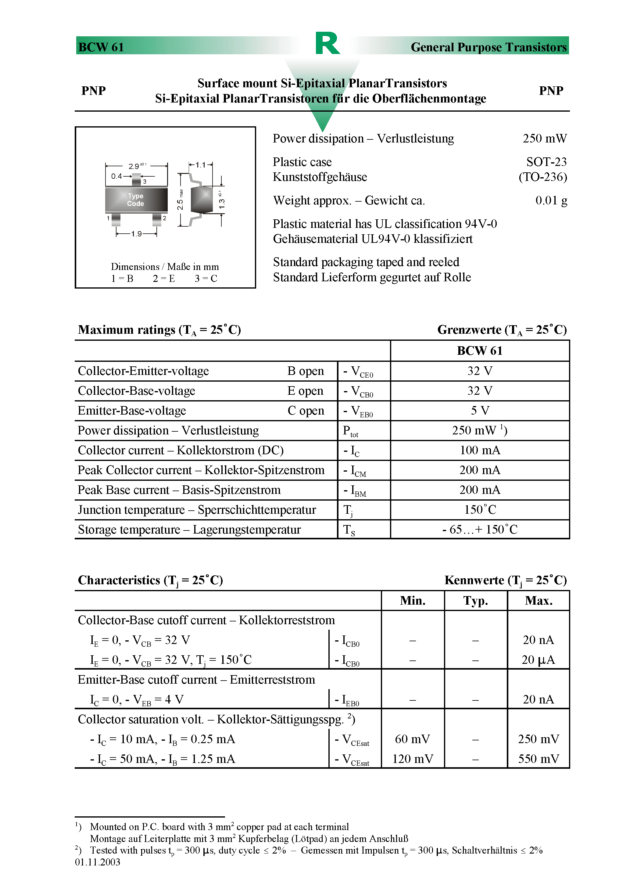 Datasheet BCW61 - Surface mount Si-Epitaxial PlanarTransistors page 1