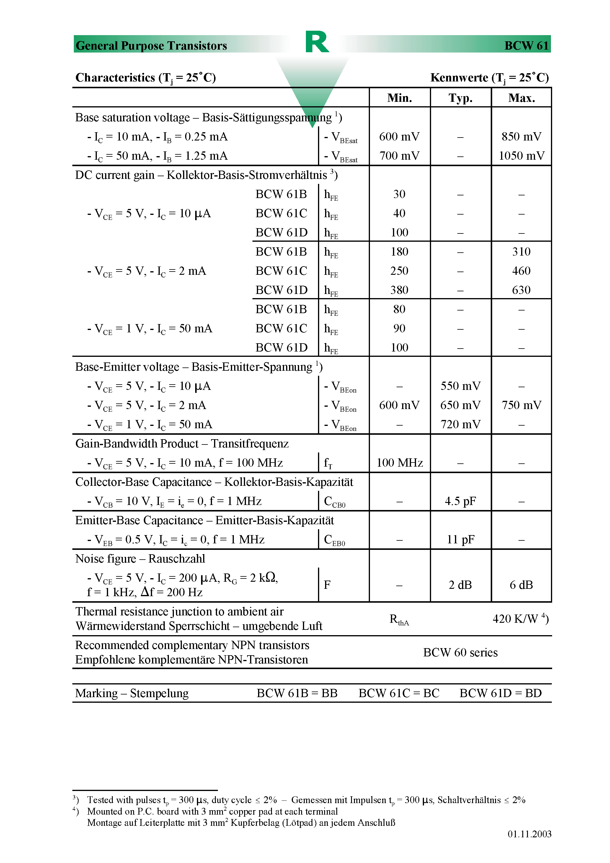 Datasheet BCW61 - Surface mount Si-Epitaxial PlanarTransistors page 2