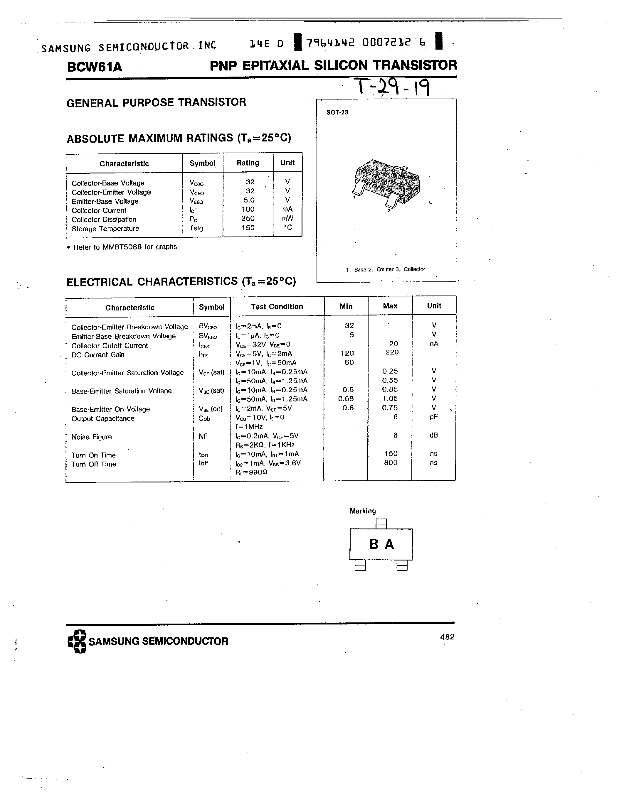 Datasheet BCW61A - PNP EPITAXIAL SILICON TRANSISTOR page 1