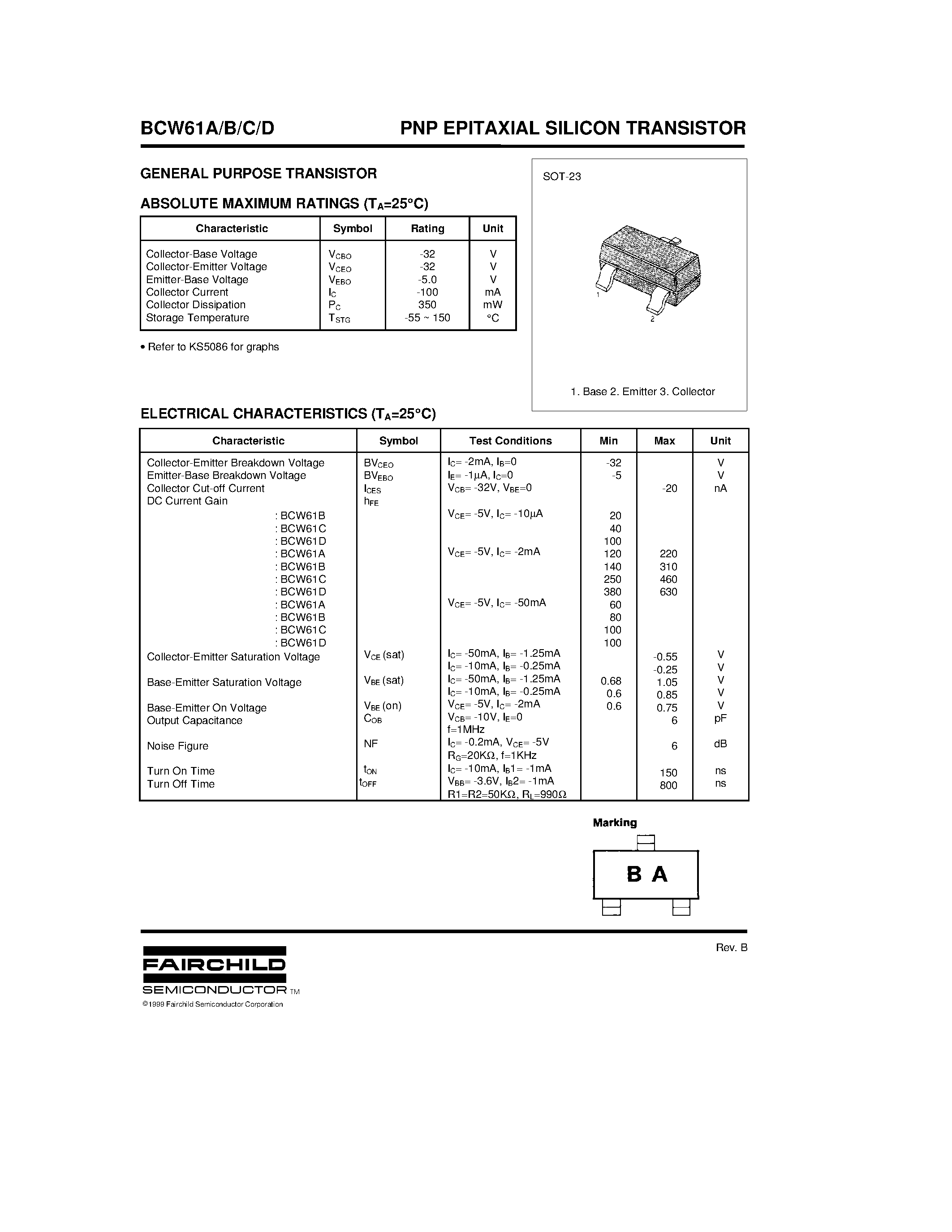 Datasheet BCW61A - PNP EPITAXIAL SILICON TRANSISTOR page 1