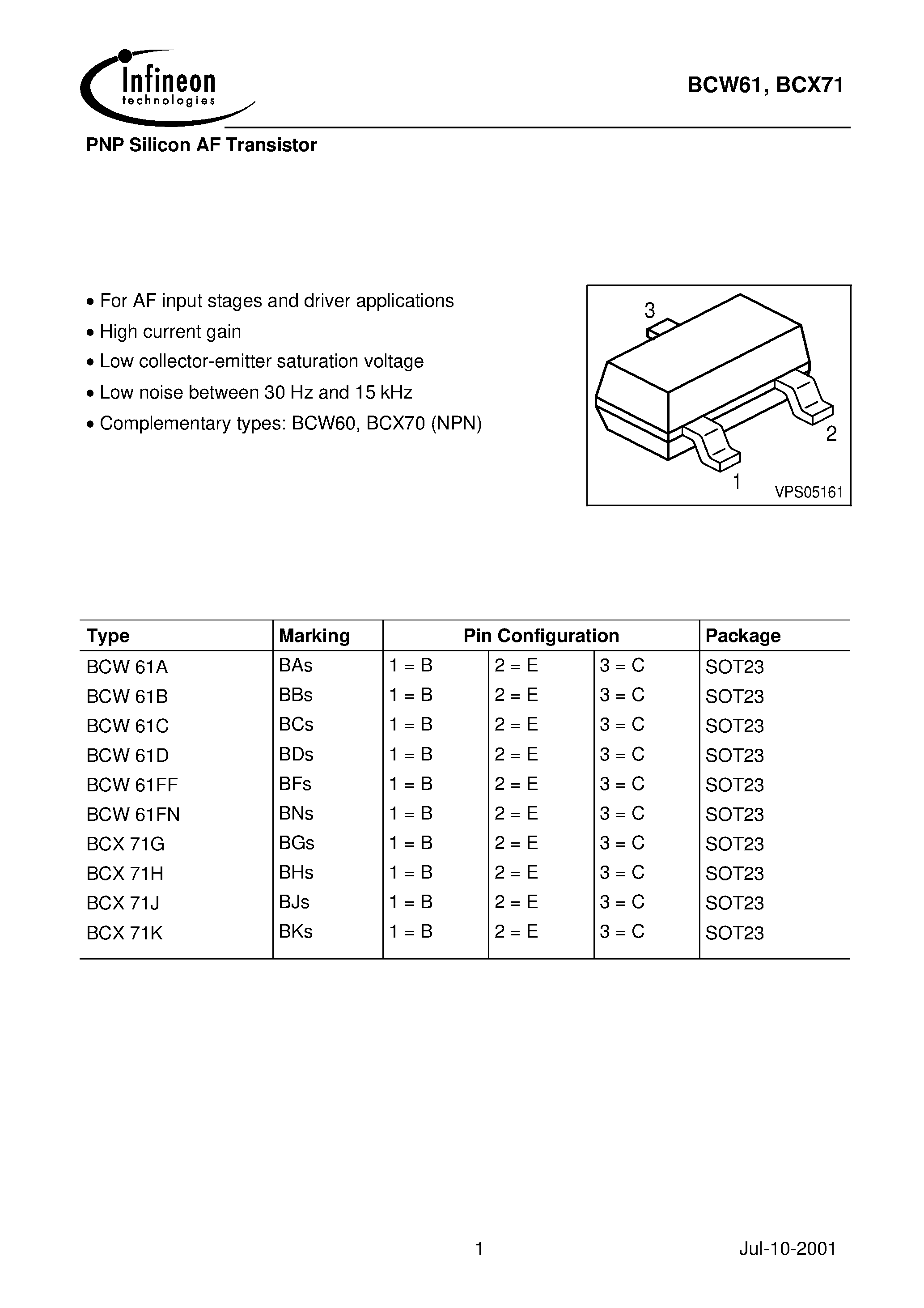 Datasheet BCW61B - PNP Silicon AF Transistor page 1