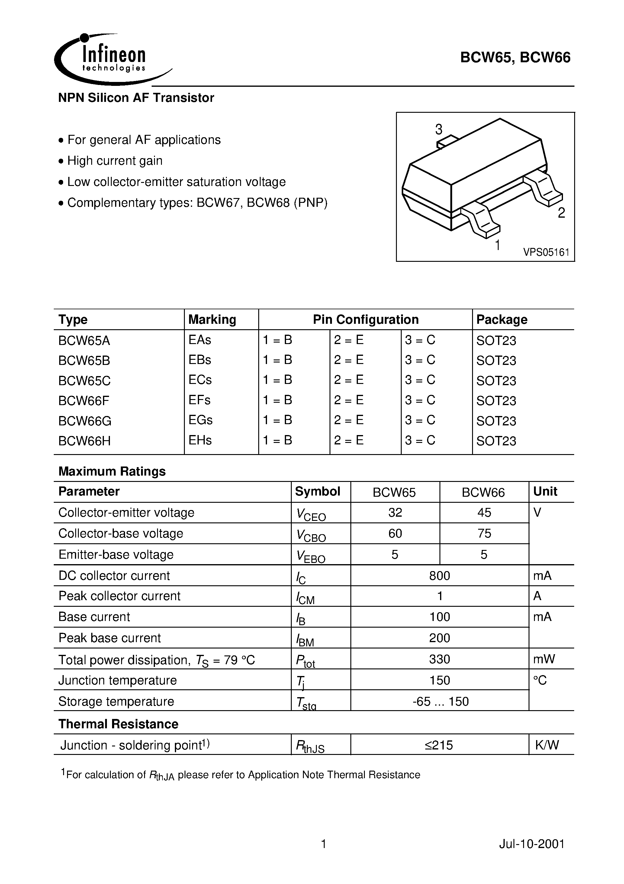 Даташит BCW66F - NPN Silicon AF Transistor страница 1