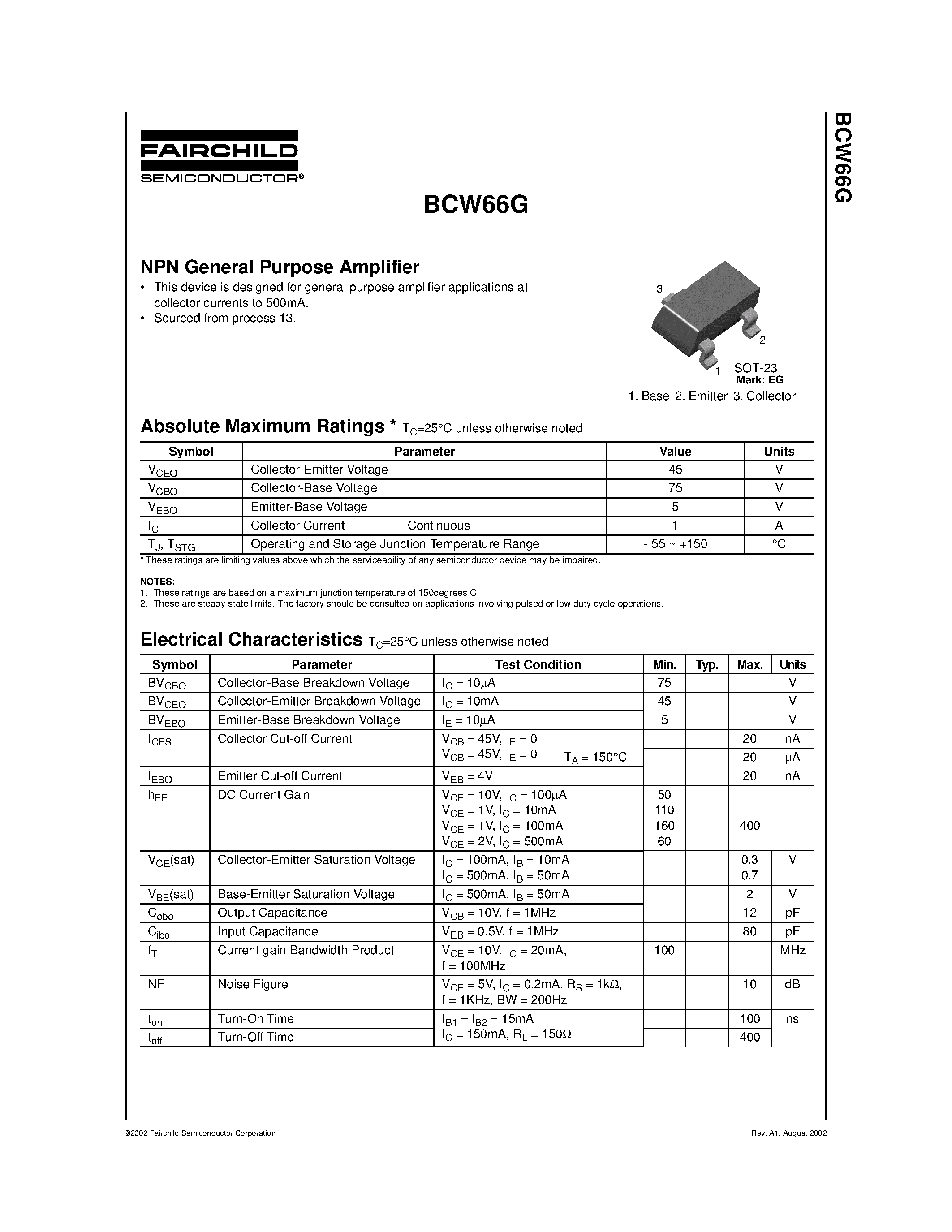 Datasheet BCW66G - NPN General Purpose Amplifier page 1